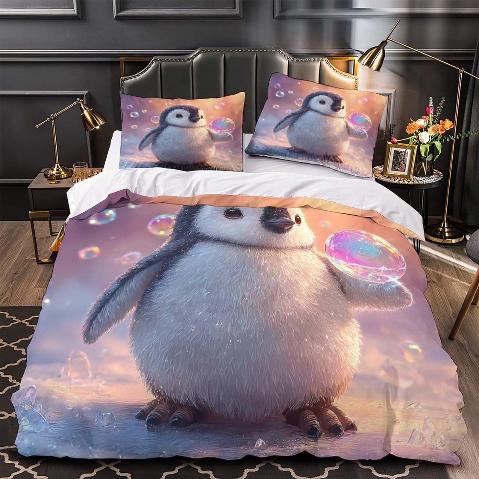 Parure de lit pingouin 135x200cm housse de couette enfant en microfibre