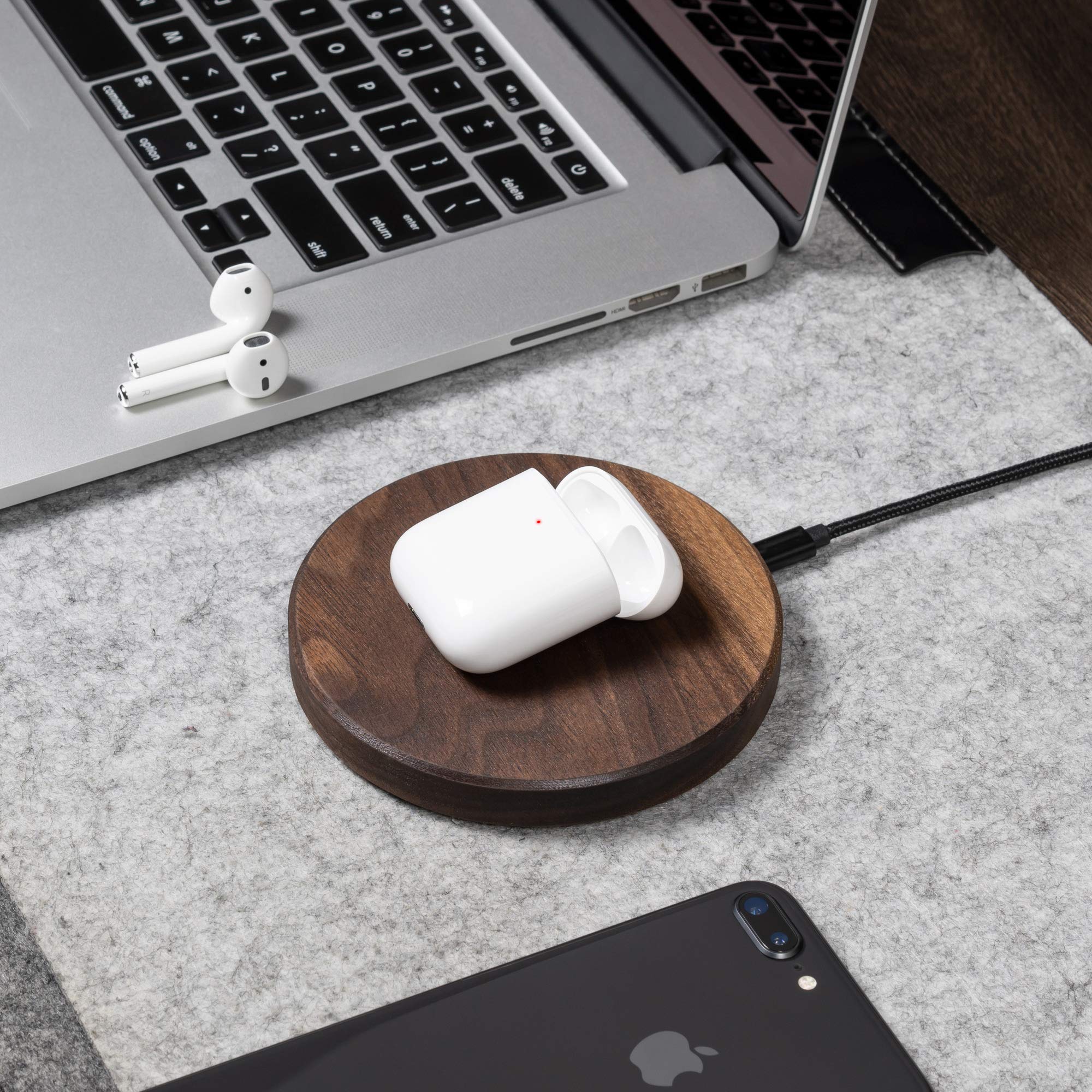 Oakywood Bezprzewodowa ładowarka Slim, indukcyjna, drewniana, szybka i bezprzewodowa, kompatybilna z QI, do iPhone'a 12, 11 Pro, 11, X, Xr, Xs, 8, SE Samsung Galaxy S20, S10, S9, S8, orzech