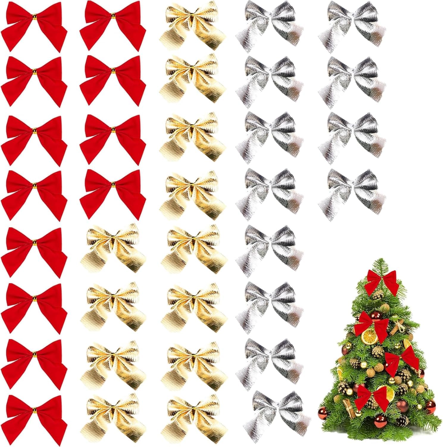 Lazos Navidad,Arco de Navidad,36Pcs Lazos Arbol Navidad,Lazos Regalo,Lazo Purpurina,Decoracion Arbol Navidad,Adornos Navidad,Arco de Navidad,Adornos Navideños Decoración Regalos Casa,Rojo,Plata,Dorado