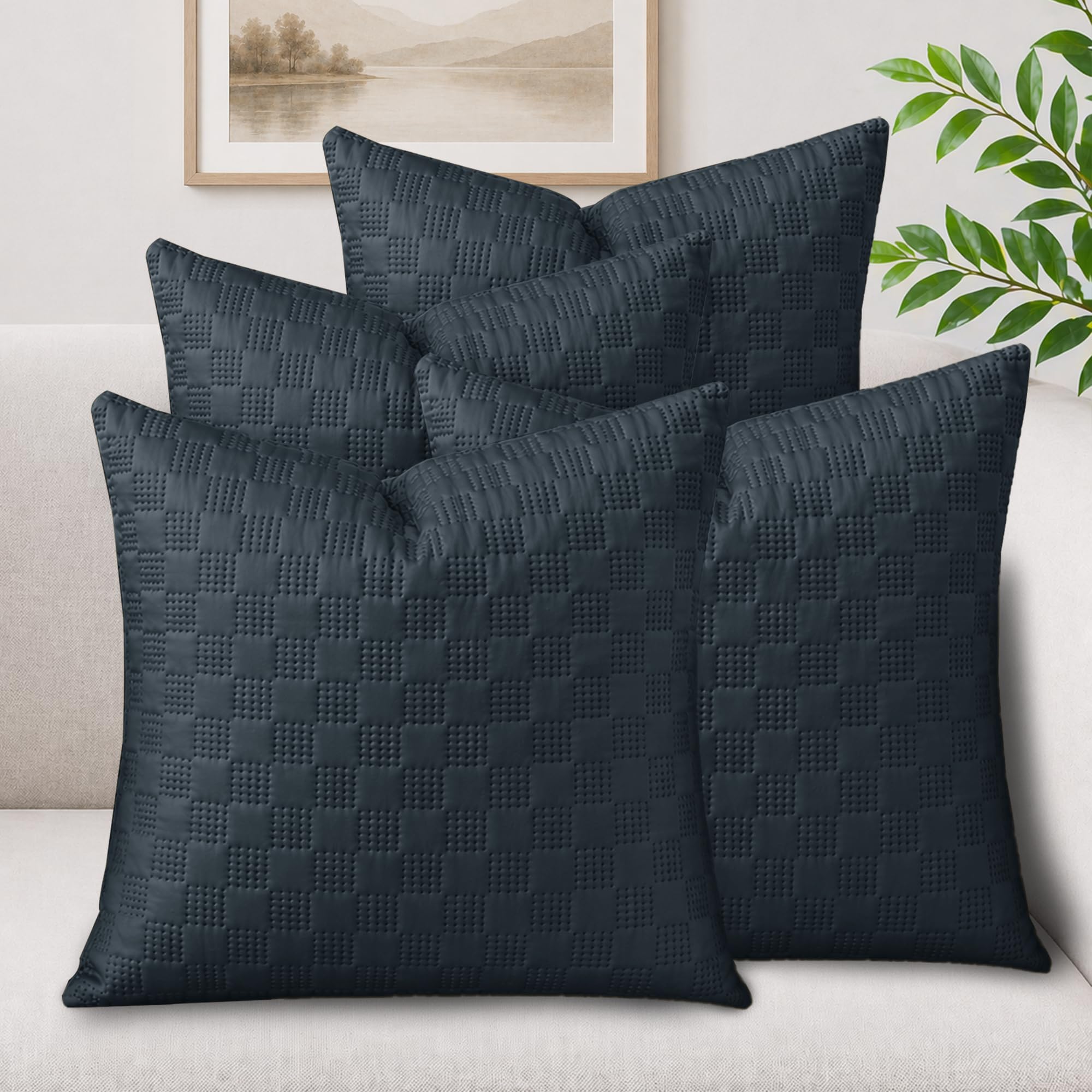 Hafaa Cushions with Covers Included 45 x 45 cm Charcoal 8 Pcs (4-Cushion Covers, 4-Inserts) Ultrasonic Checked Velvet Square Throw Pillow Cases with Invisible Zipper for Home Decor Sofa Bedroom โ image 1