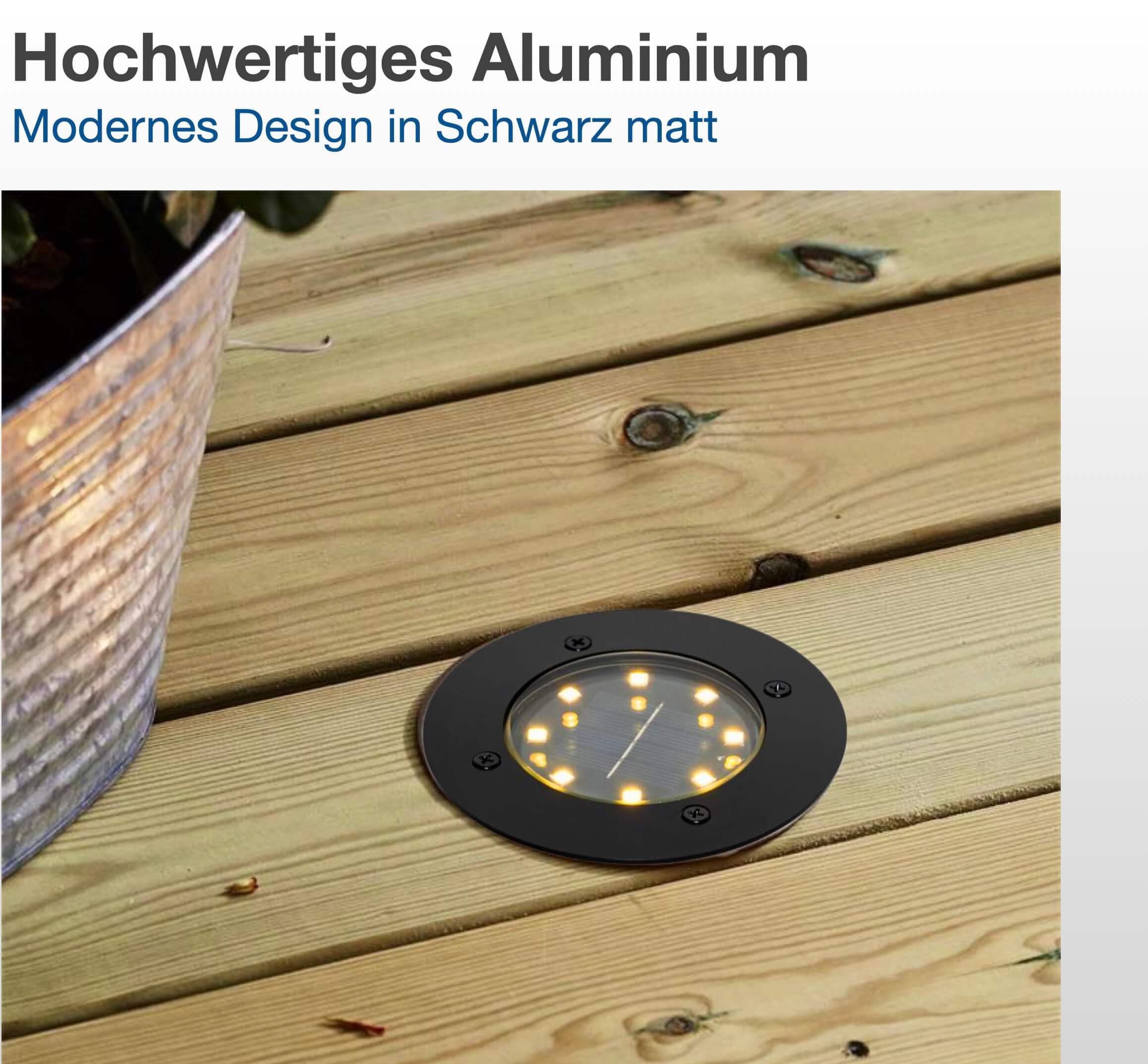 lambado 6er Set LED Solar Bodenleuchten Außen Schwarz matt | Hochwertige Bodenstrahler Wetterfest IP65 Ø12cm | Bodeneinbaustrahler mit 8 SMD LEDs Warmweiß 3000K
