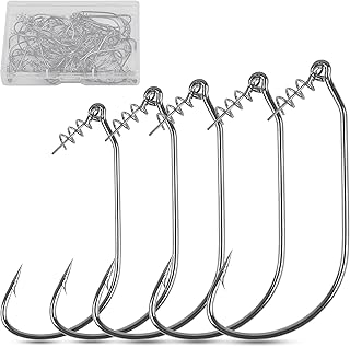 Twistlock Fishing Hooks - 50pcs Bass Fishing Worm Hooks with Centering Spring Pin Swimbait Hooks for Soft Plastics Lures Baits Saltwater Freshwater Size 1/0 2/0 3/0 4/0 5/0