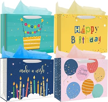 Nihuecne 16" Extra Large Happy Birthday Gift Bags with Tissue Paper, 4 Pack Paper Gift Bags with Handles for Birthday Present Gift Wrap, 4 Designs