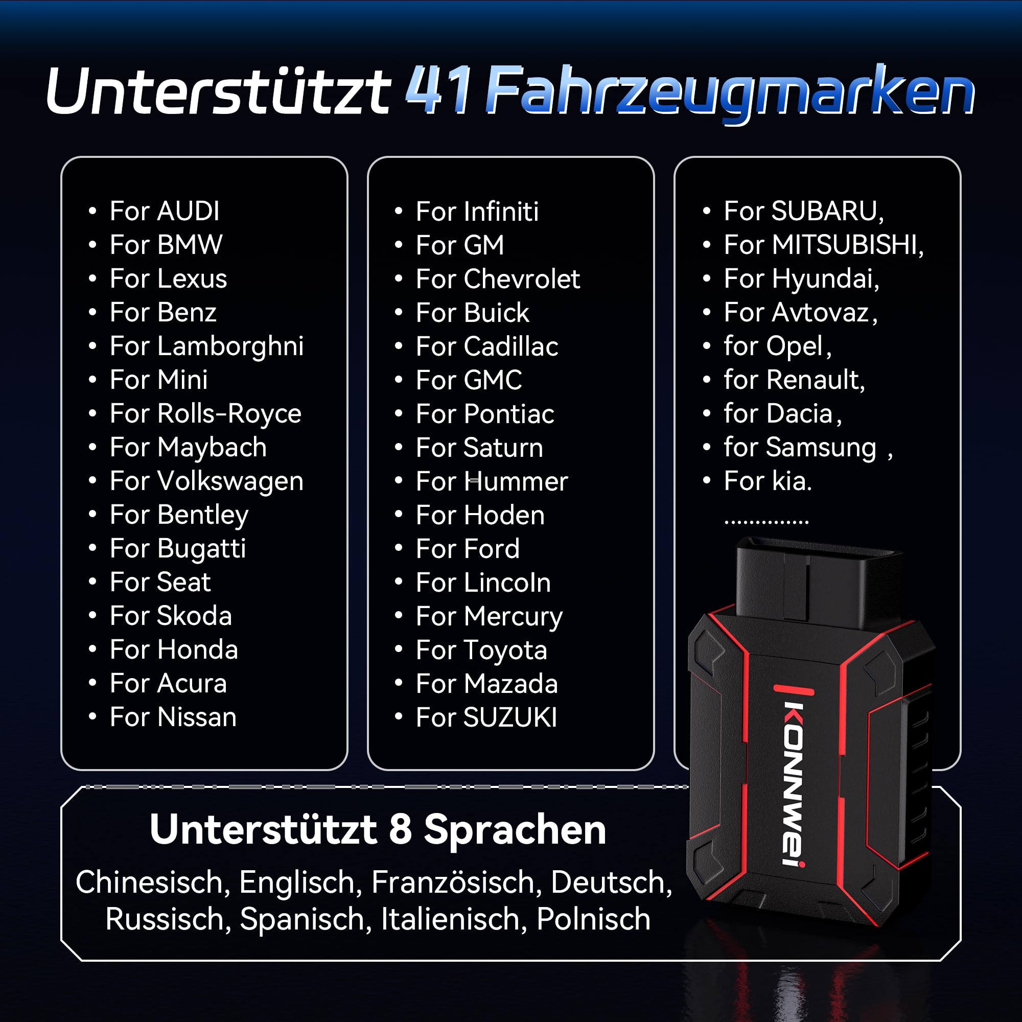 KONNWEI OBD2 Diagnosegerät Auto Scanner Alle System Scan, Obd2 Auslesegerät mit DTC-Definition, 8 Sprachen, Spannungserkennung, Lebenslange Kostenlose Updates, für iOS und Android