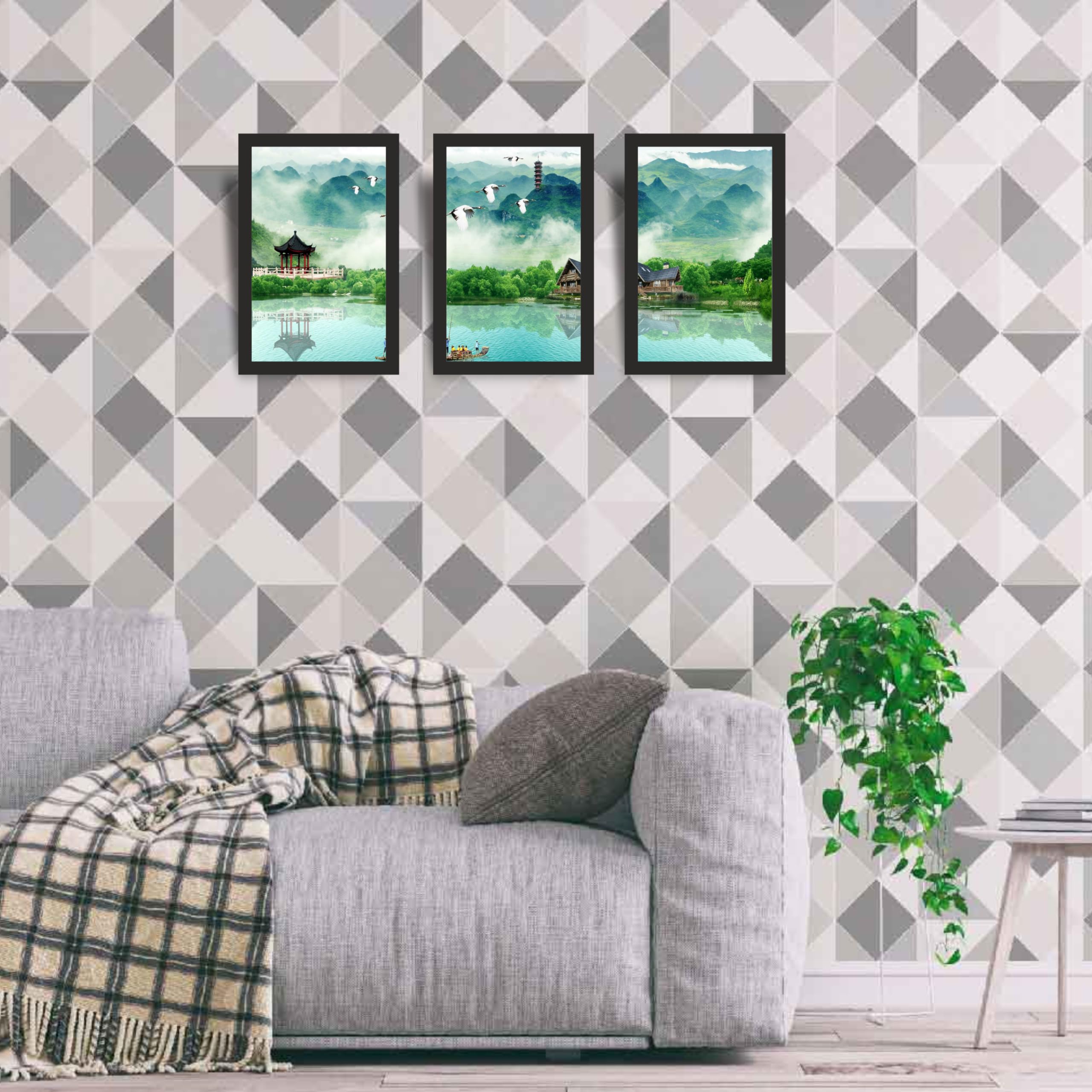Asian Mountain Lake Wall Art Frame Set of 3