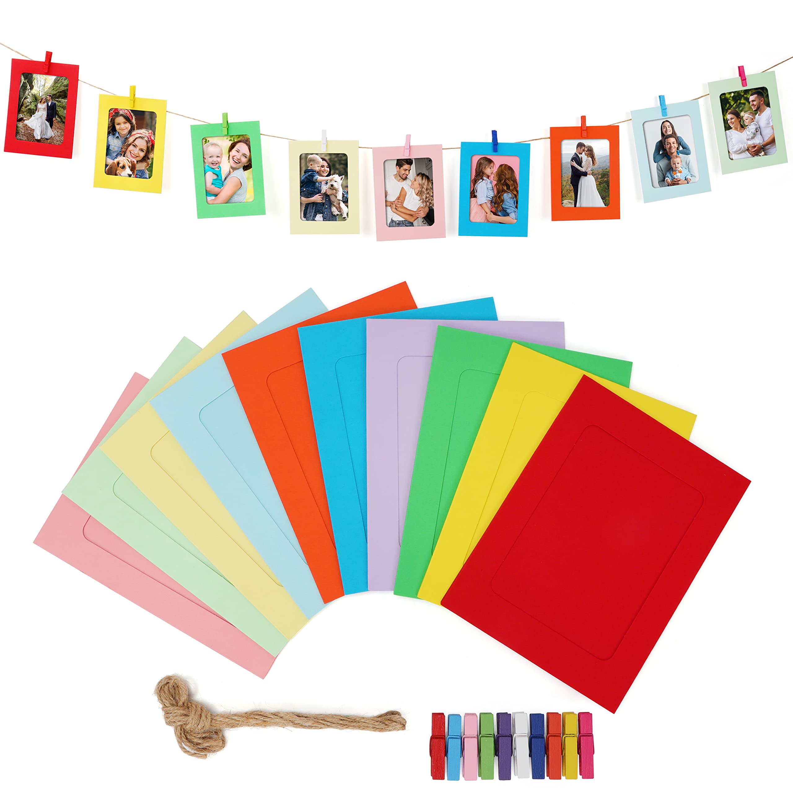 BELLE VOUS 50 Pack Paper Photo Frames with Hanging Rope & Clips - 4 x 6 inches (10 Colours) - DIY Hanging Album Picture Frames for Home, School, Office or Party Wall Decoration