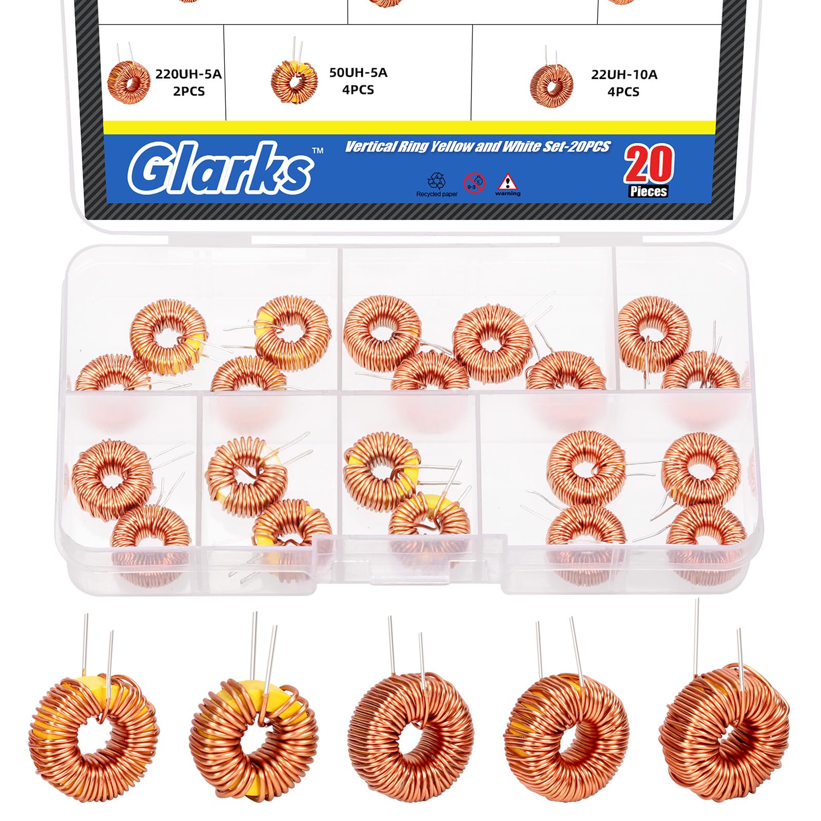 Glarks Lot de 20 inducteurs toroïdes de 5 tailles, 22UH-10A 50UH-5A 100UH-6A 220UH-5A 330UH-3A Bobine de cuivre d'inductance toroïdale, inducteur magnétique toroïde pour transformateurs DIY Circuit