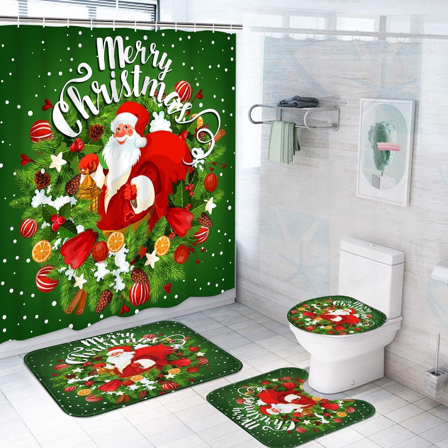 ArtSocket Green Santa Bathroom Set Shower Curtain Set with