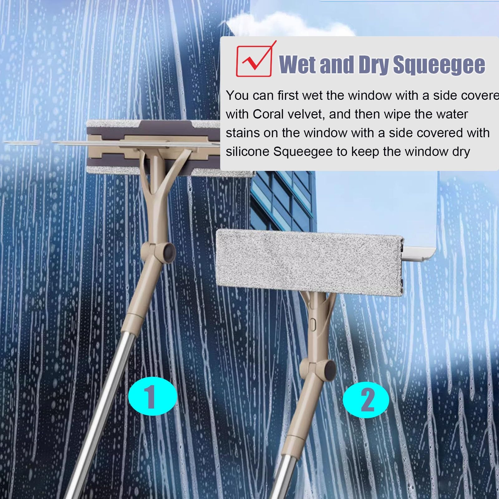 Limpiacristales Limpiador de Ventanas Limpiacristales, Kit 2 en 1 Giratorio para Limpiar Ventanas con 2 Almohadillas de Microfibra, para Coche Interior Exterior Ventanas Altas Cristal Ducha Suelo, Nun
