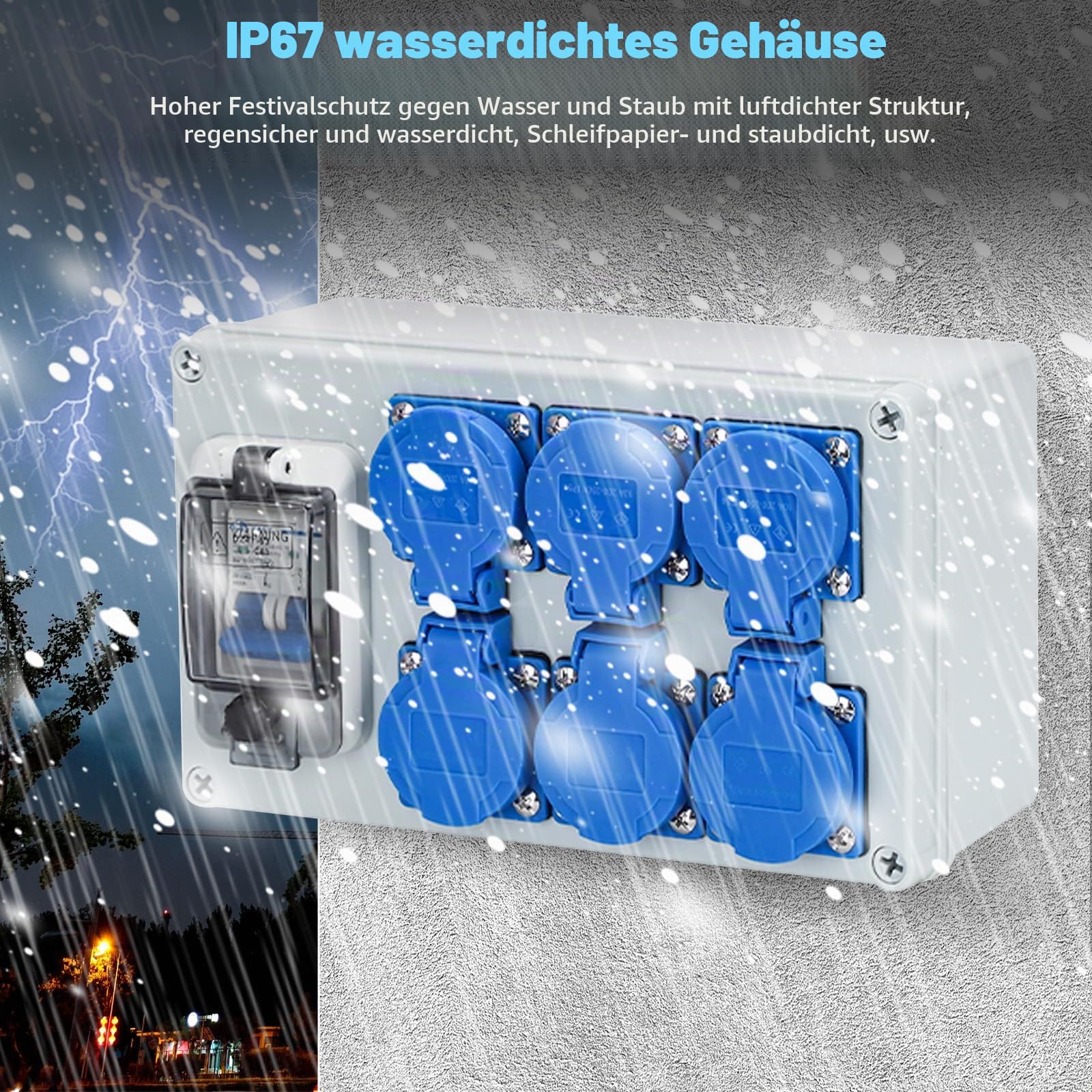 Baustromverteiler16A - IP67 Wasserdicht Stromverteiler mit FI Schalter Verteiler 6 Steckdosen, für Drinnen und Draußen Baustromverteile, Werkstätten und Fabriken