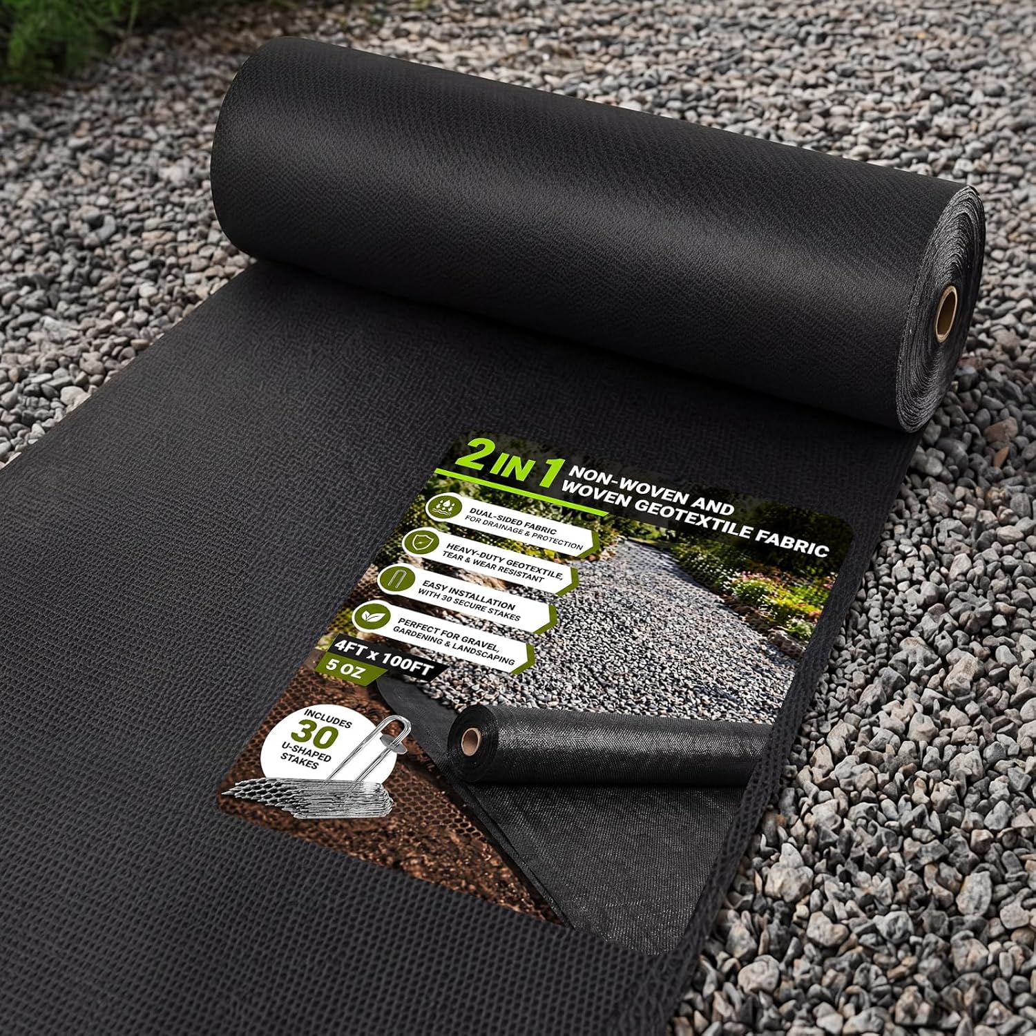 Breling 4ft x 100ft 2 in 1 Non-Woven and Woven Geotextile Fabric with 30 Pcs Stakes 5 oz Heavy Duty Geotextile Weed Barrier Fabric Under Gravel Driveway for Drainage Gravel Gardening Landscaping