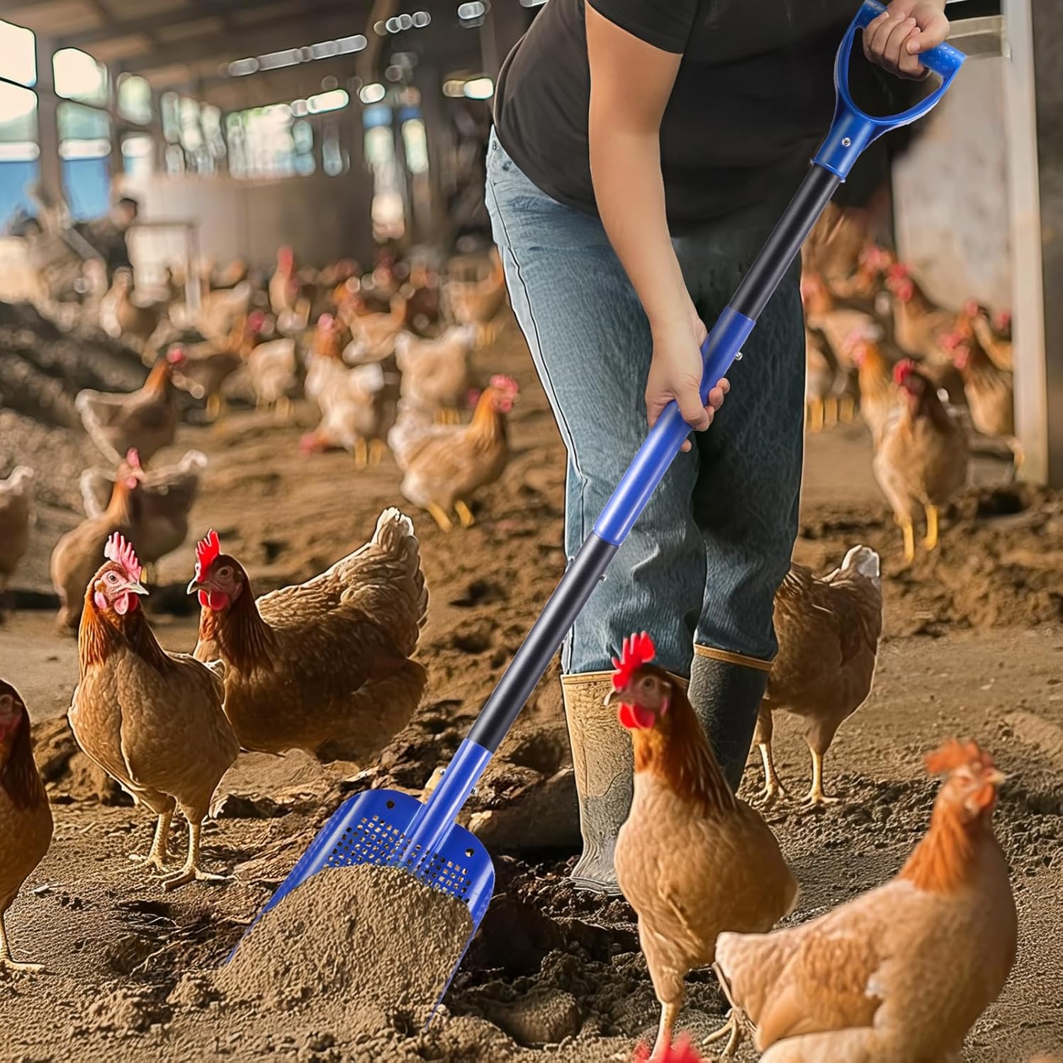 Aluminum Digger Sifter Shovel, Treasure Sieve Shovel for Screening, Sand Sifter for Beach Fun or Farm Chicken Coop & Goat Stall, Sand Poop Cleaning, a Storage Bag, Super Lightweight, 47.7''
