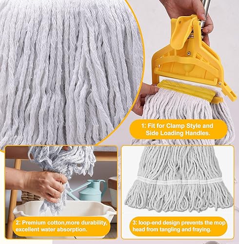 Miniatura 5 de Trapeador de algodón industrial comercial resistente, mango de metal de 61 pulgadas de largo, 1 paquete, amarillo, piso