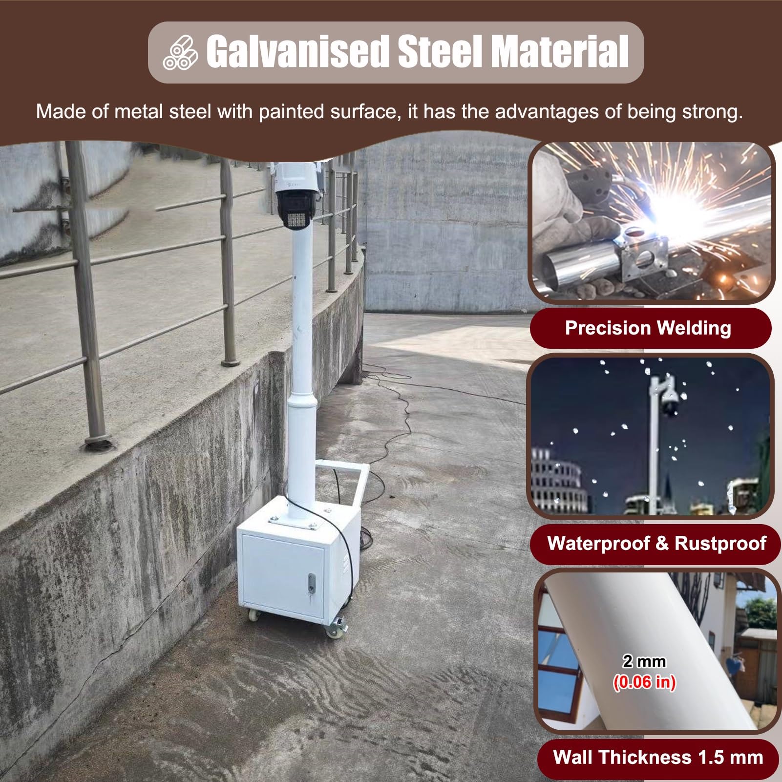 Palo Telecamera Palo di Sorveglianza Angolare per Esterni, Palo per Telecamera di Sicurezza con Ruote e Base Portaoggetti, Staffa di Sorveglianza Alta 2.7 m(Single Gun)
