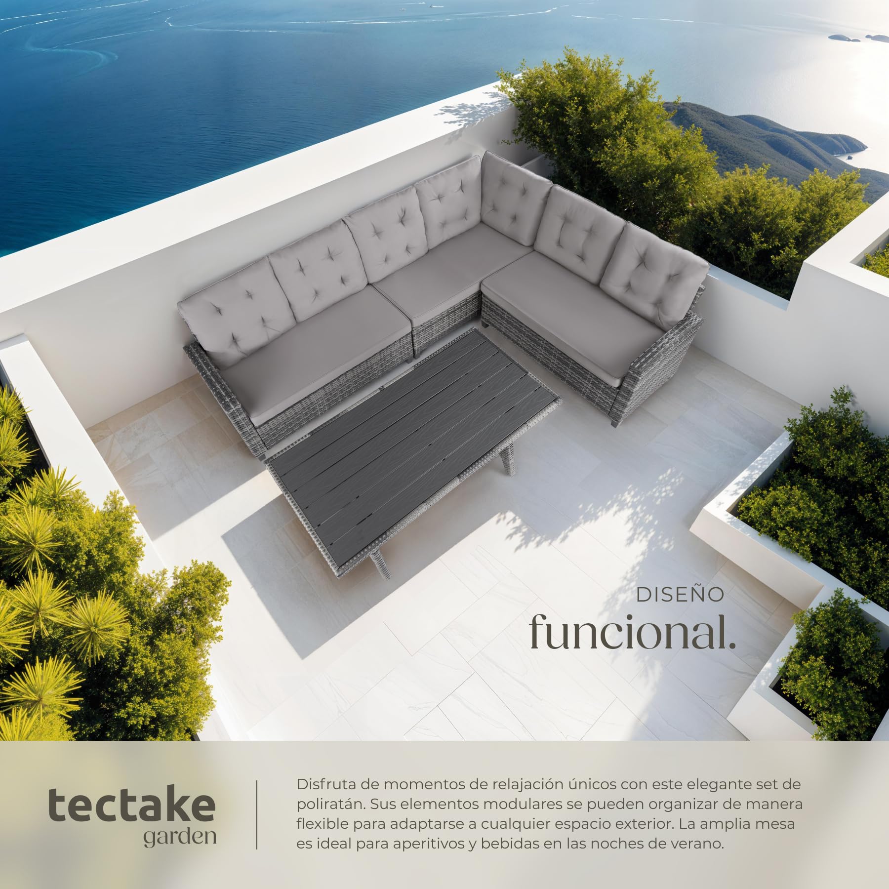 TecTake® Conjunto Jardín de Ratán Combinable con Cojines 9 cm, Conjunto Terraza Resistente a la Intemperie, Muebles Jardín Exterior 2 Sofás, 1 Sofá Esquinero, 1 Mesa con Pies Ajustables - Gris