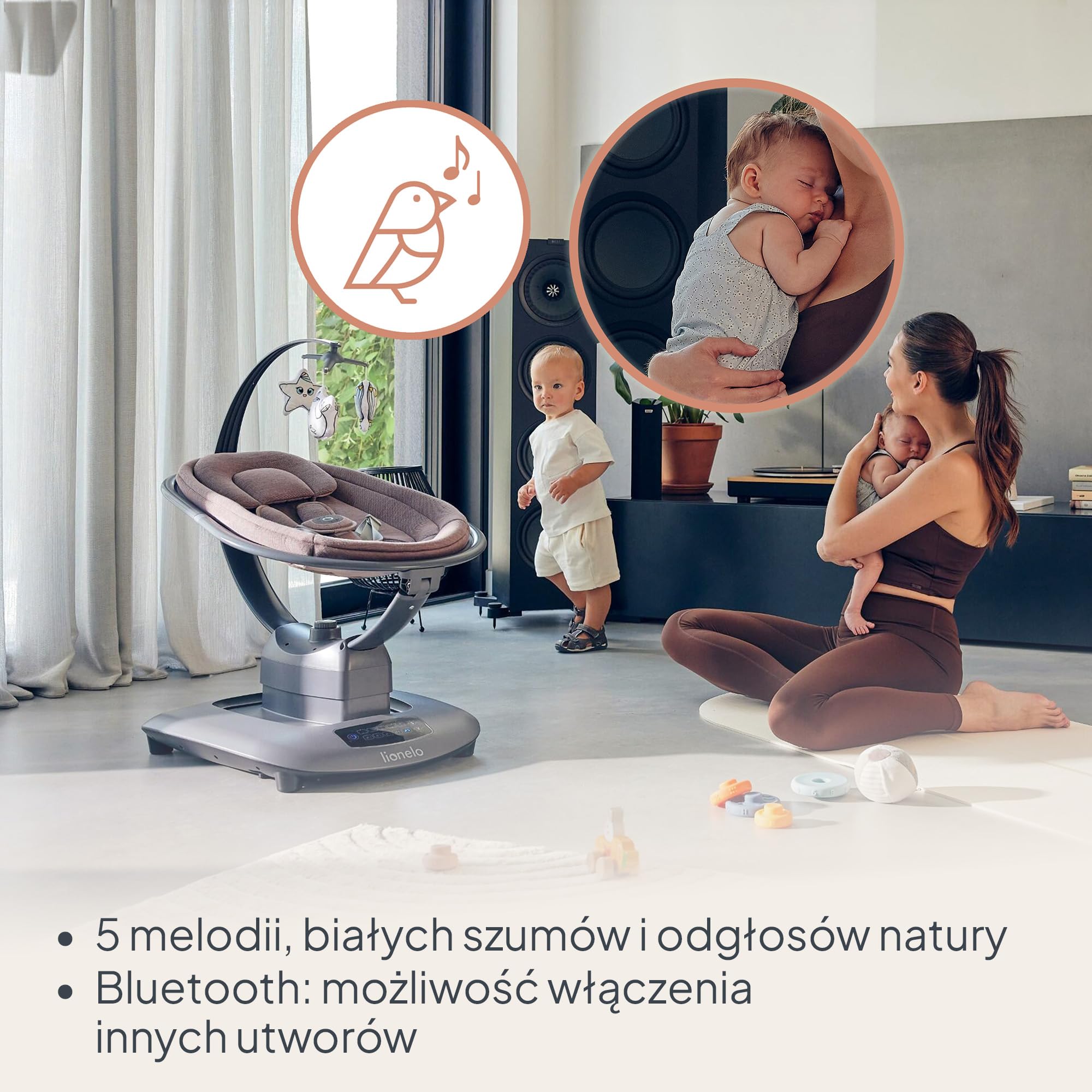 LIONELO BLOSSOM Elektryczny Bujaczek Niemowlęcy do 9 kg Leżaczek dla Dzieci Regulacja Oparcia Naturalne Kołysanie 5 Prędkości Ergonomiczne Siedzisko Bluetooth Pilot, 5 Melodii