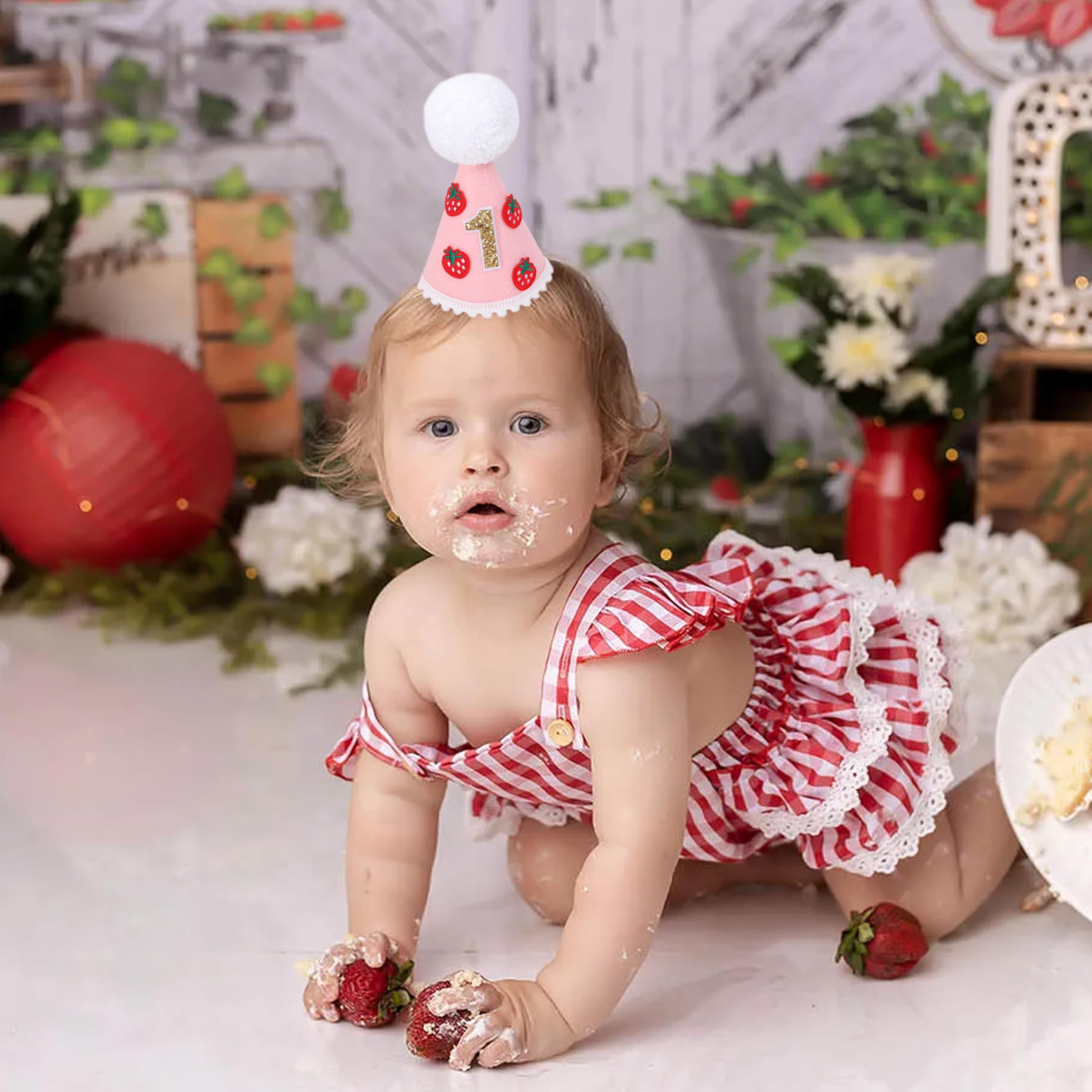 LINLULU Strawberry Hat for Girls - Small Red and Gold First Birthday Hat, Berry Sweet Decorations, Cake Smash Prop