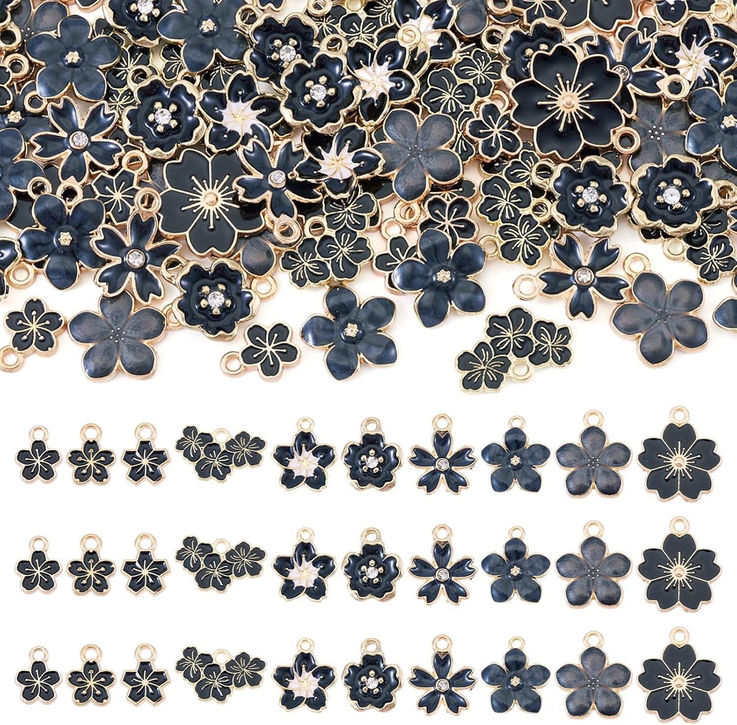 Beadthoven 100pcs Black Flower Enamel Charms for Jewelry Making, 10 Styles Cherry Blossom Flower Pendants Golden Plated Charms Dangle Floral Beads Bulk for DIY Necklace Earrings Keychain Accessory