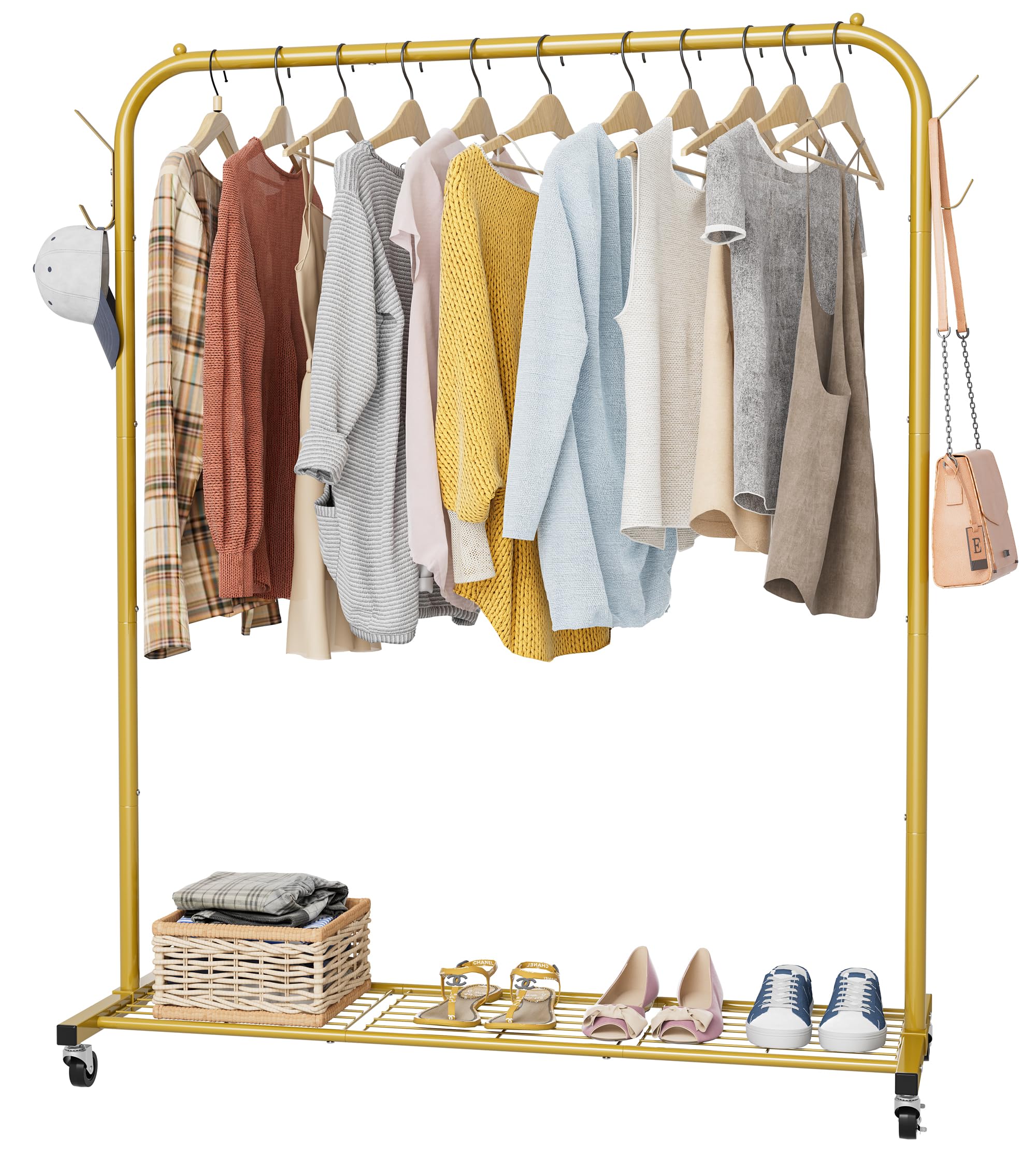 Clothes Rail, Portable Clothes Rack with Hook and Metal Storage Shelf, Heavy Duty Clothes Rail on Wheels, Clothing Rail Clothes Rails for Bedroom, Hanging Rails for Clothes, Holds up to 40 kg, Golden