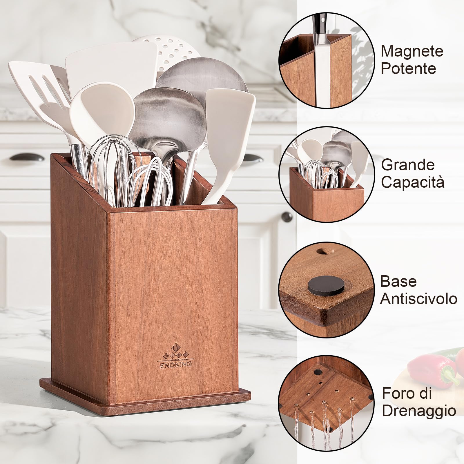 ENOKING Porta Coltelli Cucina Magnetico, Ceppo Coltelli da Cucina Vuoto, Portacoltelli da Cucina in Legno di Acacia, Porta Posate Cucina di Grande Capacità per Coltelli e Utensili da Cucina