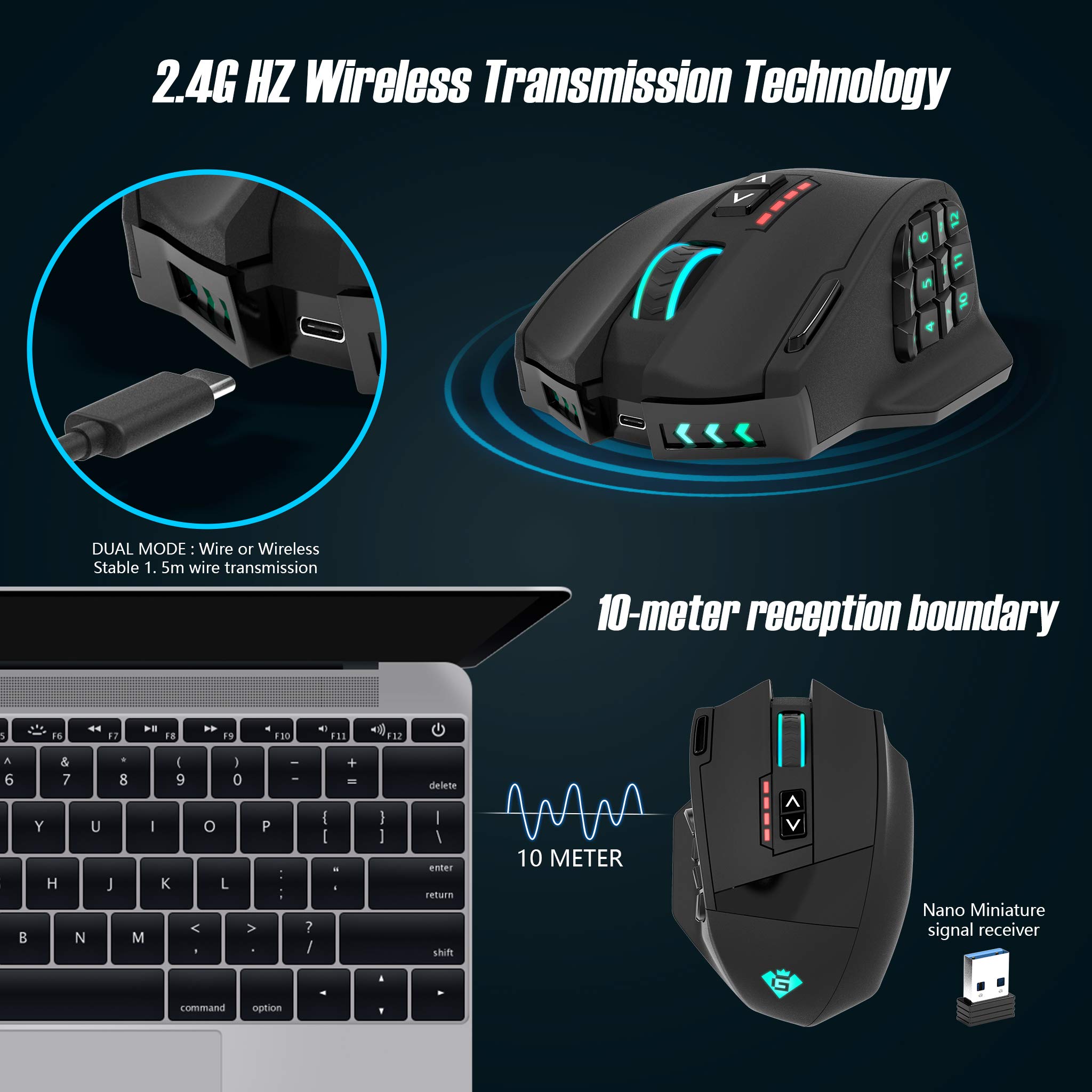 Gamspeed V8 Pro RGB MMO bezprzewodowa mysz do gier, 16 000 DPI, technologia 2,4 GHz, ergonomiczna konstrukcja, uchwyt palmowy, chromowane oświetlenie, 16 przycisków