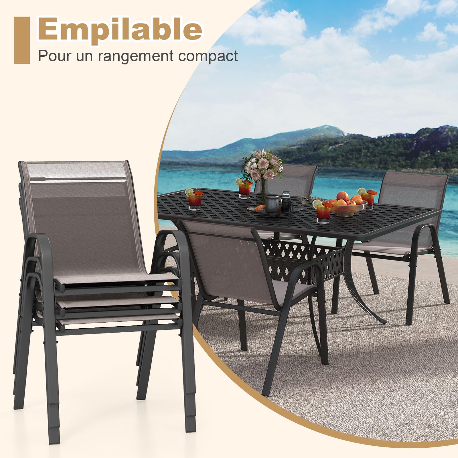 COSTWAY Lot de 2/4 Chaises de Jardin Exterieures avec Cadre en Métal, Chaise de Salle à Manger Empilable en Tissu Respirant, Fauteuil d'Extérieur pour Cour, Balcon, Piscine, Charge 150 KG (Gris,4)