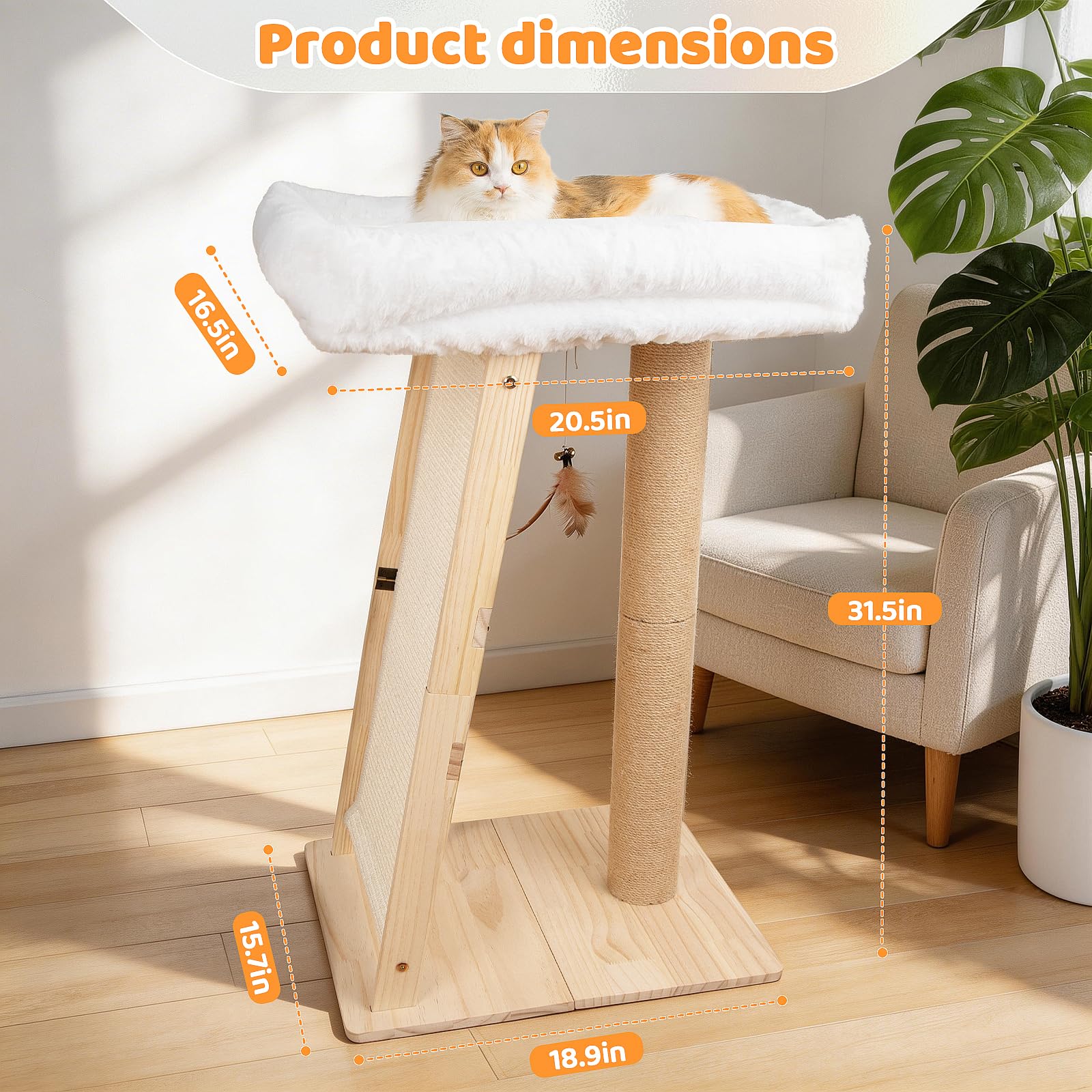 Tiragraffi per gatti 3 in 1 da 80 cm con amaca e tiragraffi, base in pino e palo alto in sisal, cuscinetto per amaca in pelliccia di coniglio, giocattolo da appendere, grande bianco