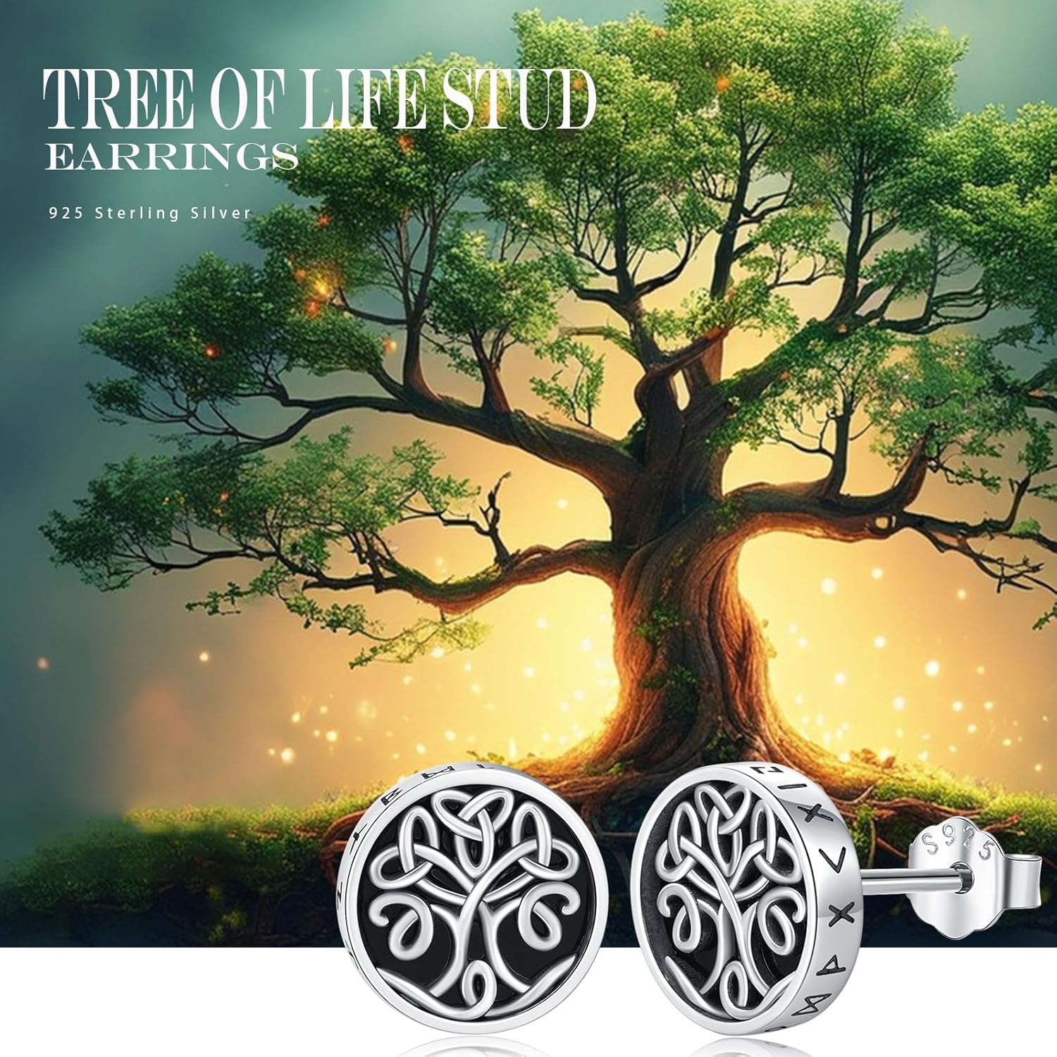 Black Onyx Stud Earrings for Men 925 Sterling Silver Viking Rune Tree of Life/Celtic Knot/Cat/Eye of Horus Earring Nordic Rune Viking Jewelry Gifts for Christmas Birthday Father's Day New Year - Image 3