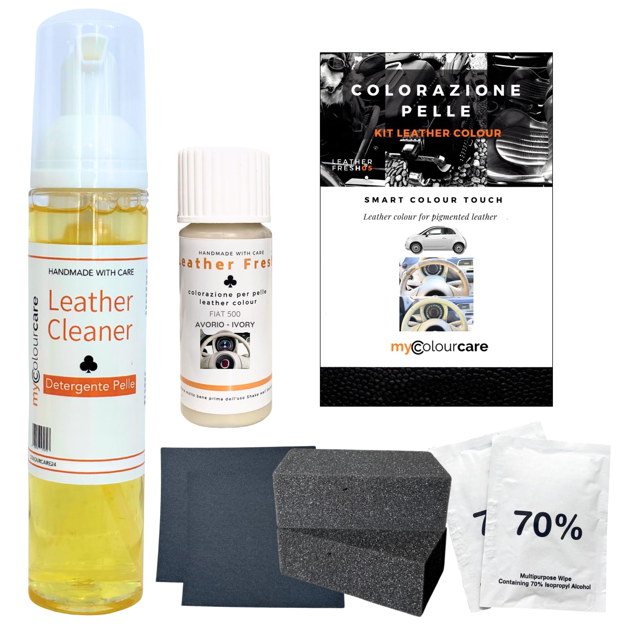 Mycolourcare Avorio Volante compatibile con Fiat 500 incluso Detergente Kit Completo Riparazione pelle similpelle facile applicazione fai da te