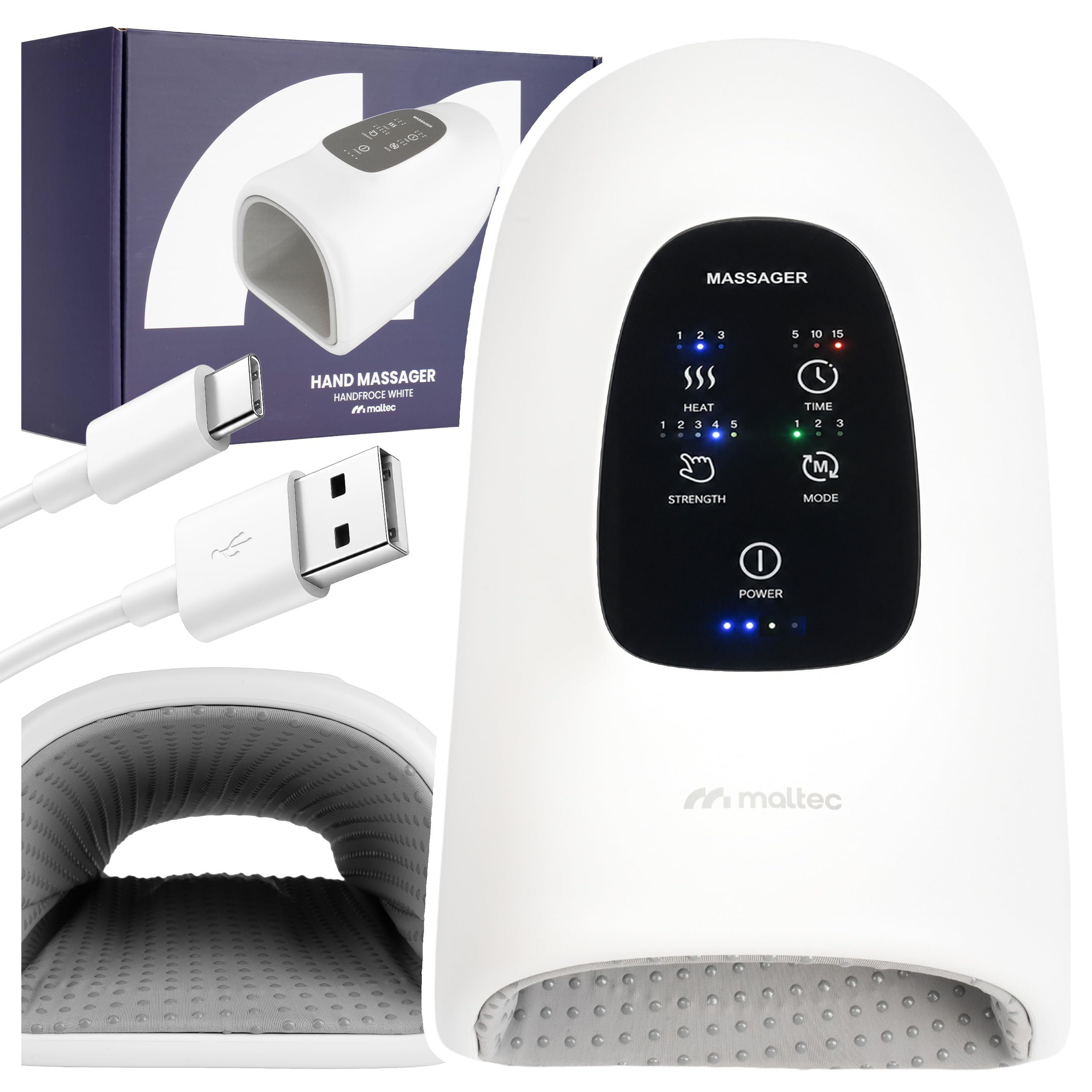 MalTec Kabelloses Massagegerät für Hände, Handflächen und Handgelenke – Druck- und Wärmefunktion – HandFroce White