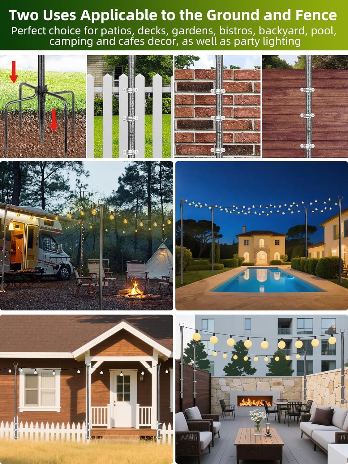 String Light Poles, 4 Pack 10ft Outdoor String Light Poles for Outside and Deck - Ideal for Patio, Garden, Yard, Front Porch Decorations, Frosted Silver