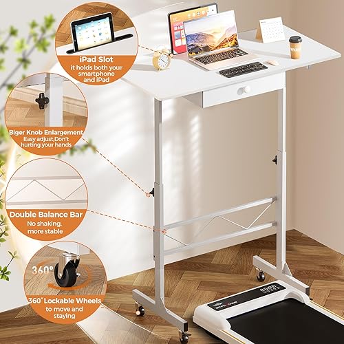 Miniatura 5 de COMHOMA Escritorio pequeño de pie ajustable en altura, escritorio pequeño para computadora portátil, móvil, portátil, mesa rodante para laptop con