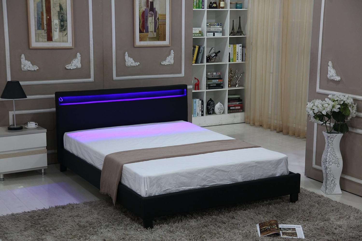 Modern Home Bedroom Bed Frame Contemporary Wood Steel PU-Leather Bed Multi-Color LED Light Headboard Full Black