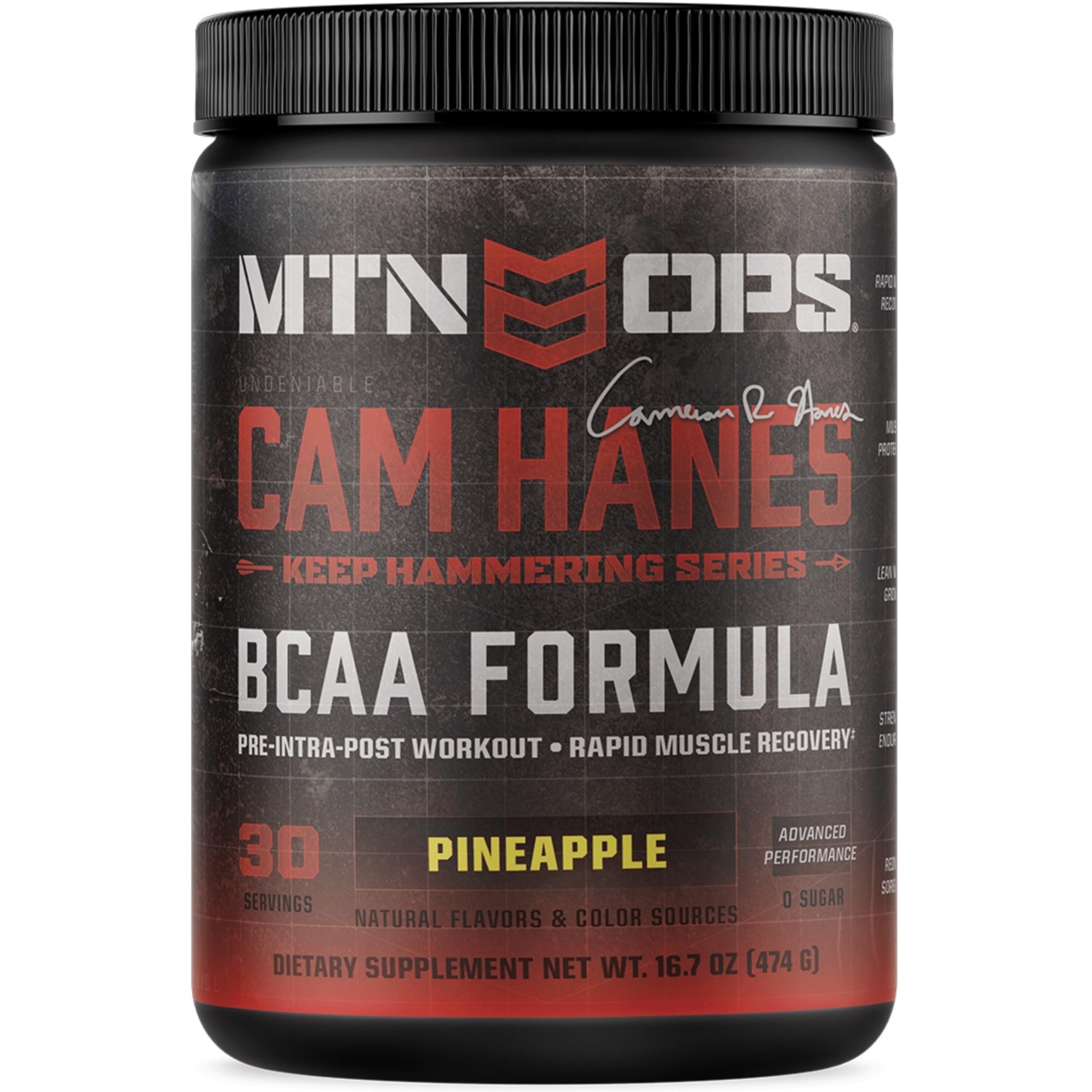 MTN OPS Cameron Hanes BCAA Powder Keep Hammering Series, 2:1:1 Amino Acids Supplement Powder for Rapid Muscle Recovery & Repair with Zero Sugar & Gluten Free - 30-Serving Tub