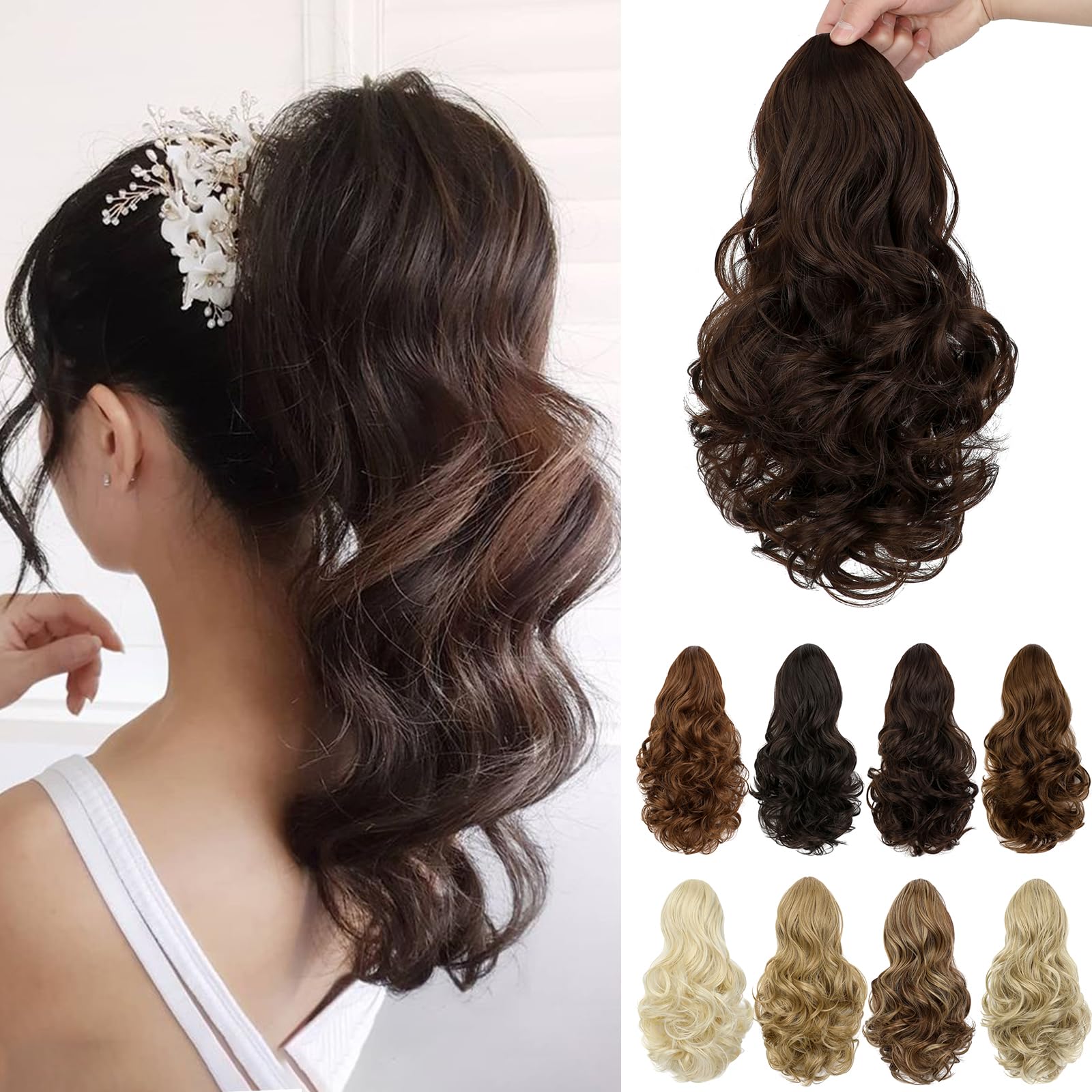 Leterly Ponytail Extension,15" Drawstring Ponytail Hair Extensions Short Wavy Pony Tail Natural Curly Soft Synthetic Hairpiece for Women Medium Brown