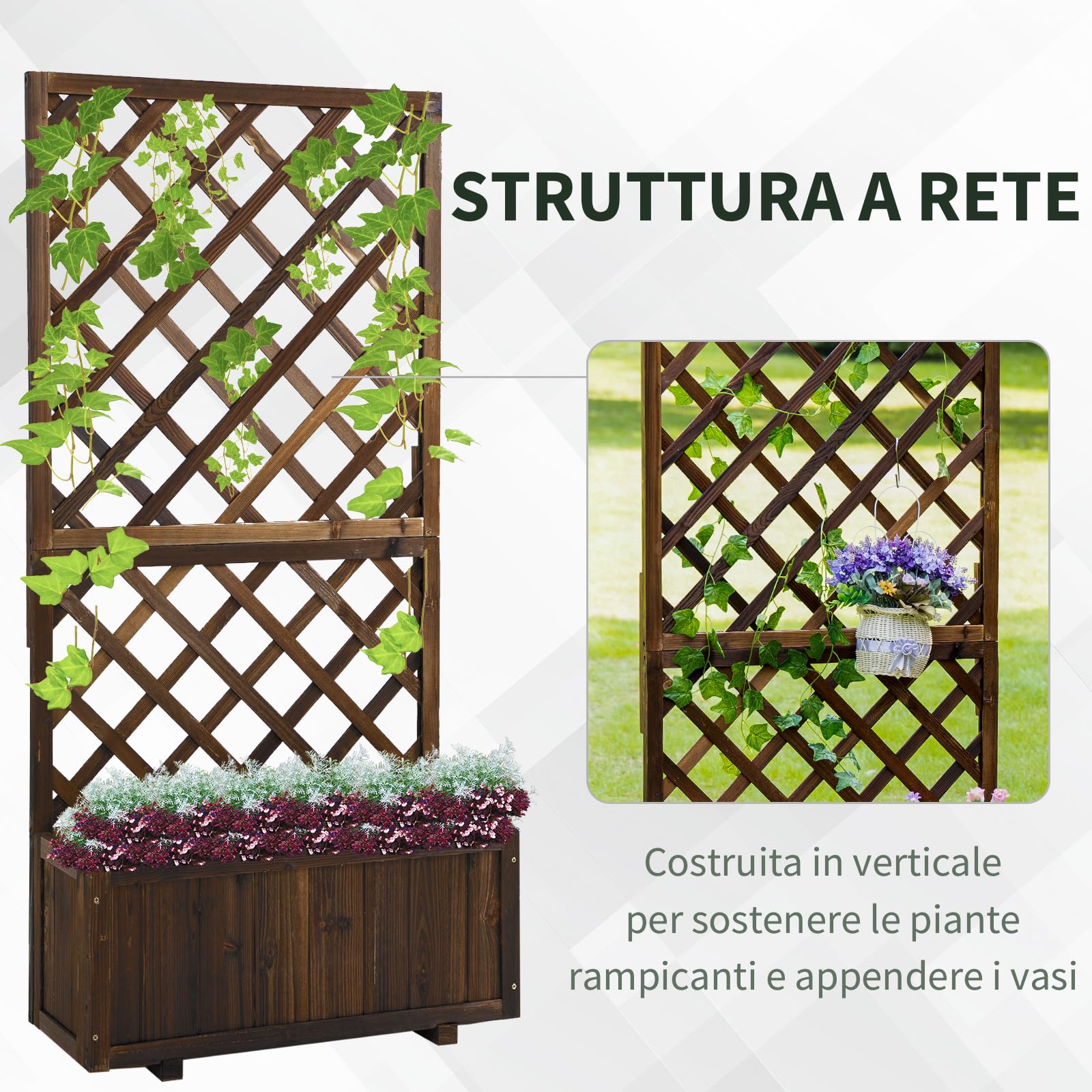 Outsunny Fioriera da Esterno con Spalliera a Griglia per Piante Rampicanti e Vaso, Fioriera in Legno di Abete Durevole, 72.5x31.5x149.5 cm
