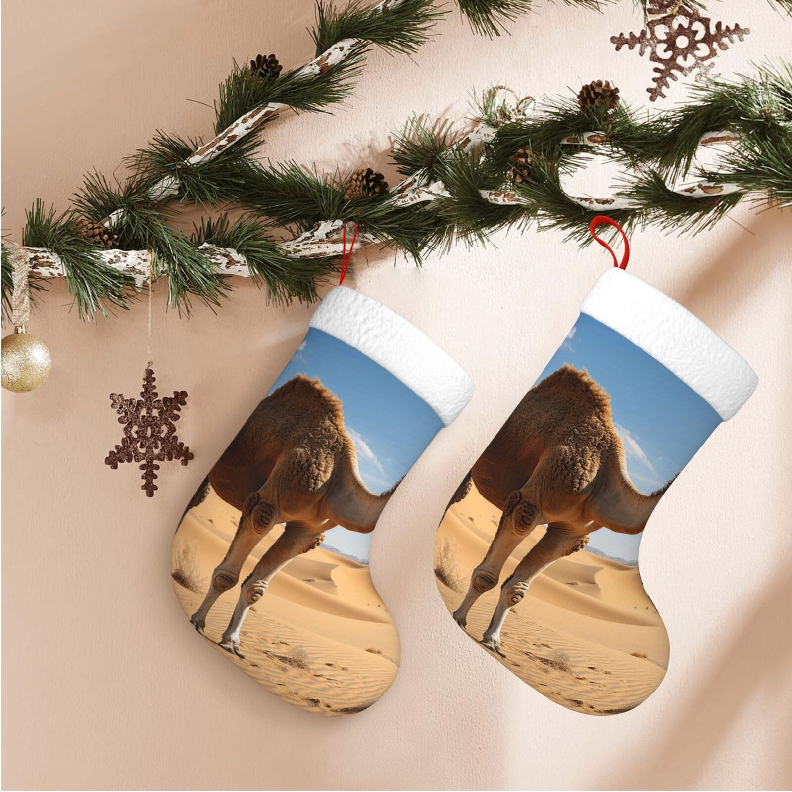 17.7" Christmas Stocking 1 Piece, Desert Sand Camel Xmas Stockings with White Plush Cuff Fireplace Hanging Stocking for Christmas Holiday Party Decoration