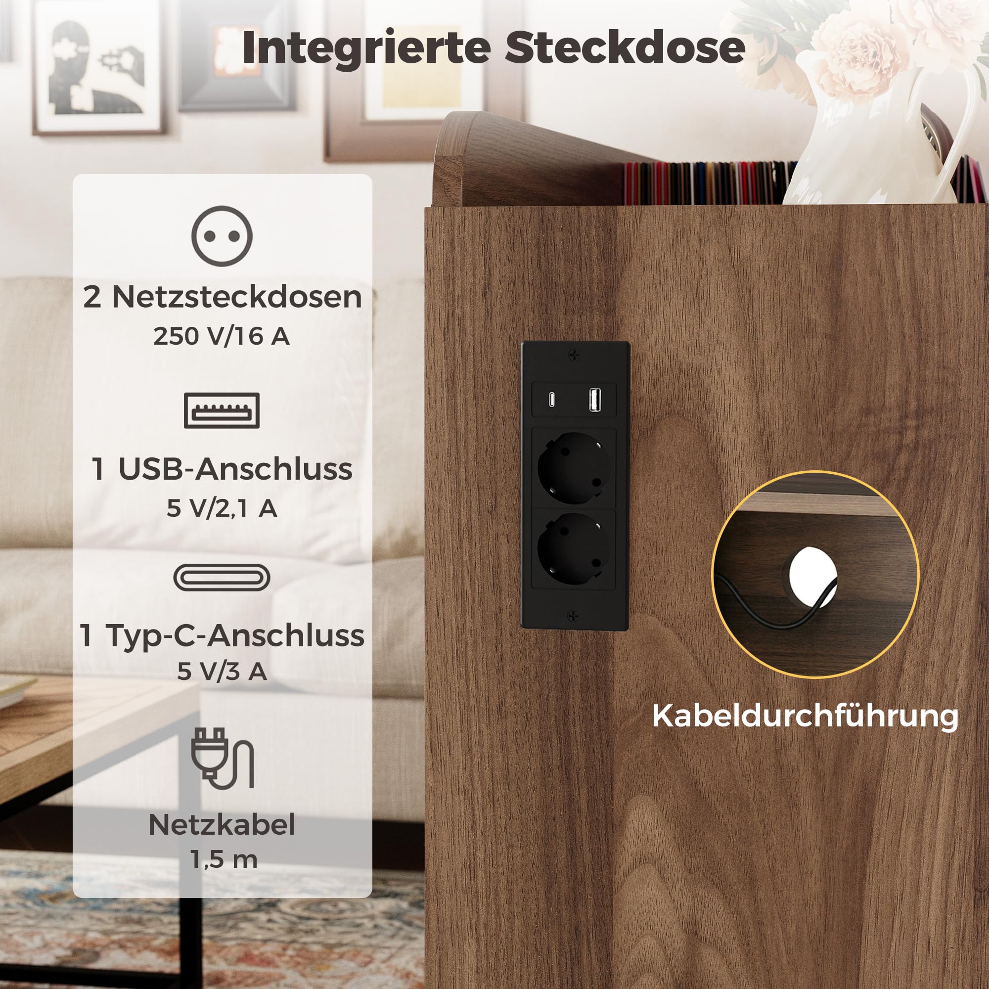 IRONCK Grand Support de Tourne-Disque avec Station de Charge - Rangement en Vinyle pour 300 Albums - Armoire à disques à 3 Niveaux avec séparateurs - Étagère Moderne pour Salle de Musique - Marron