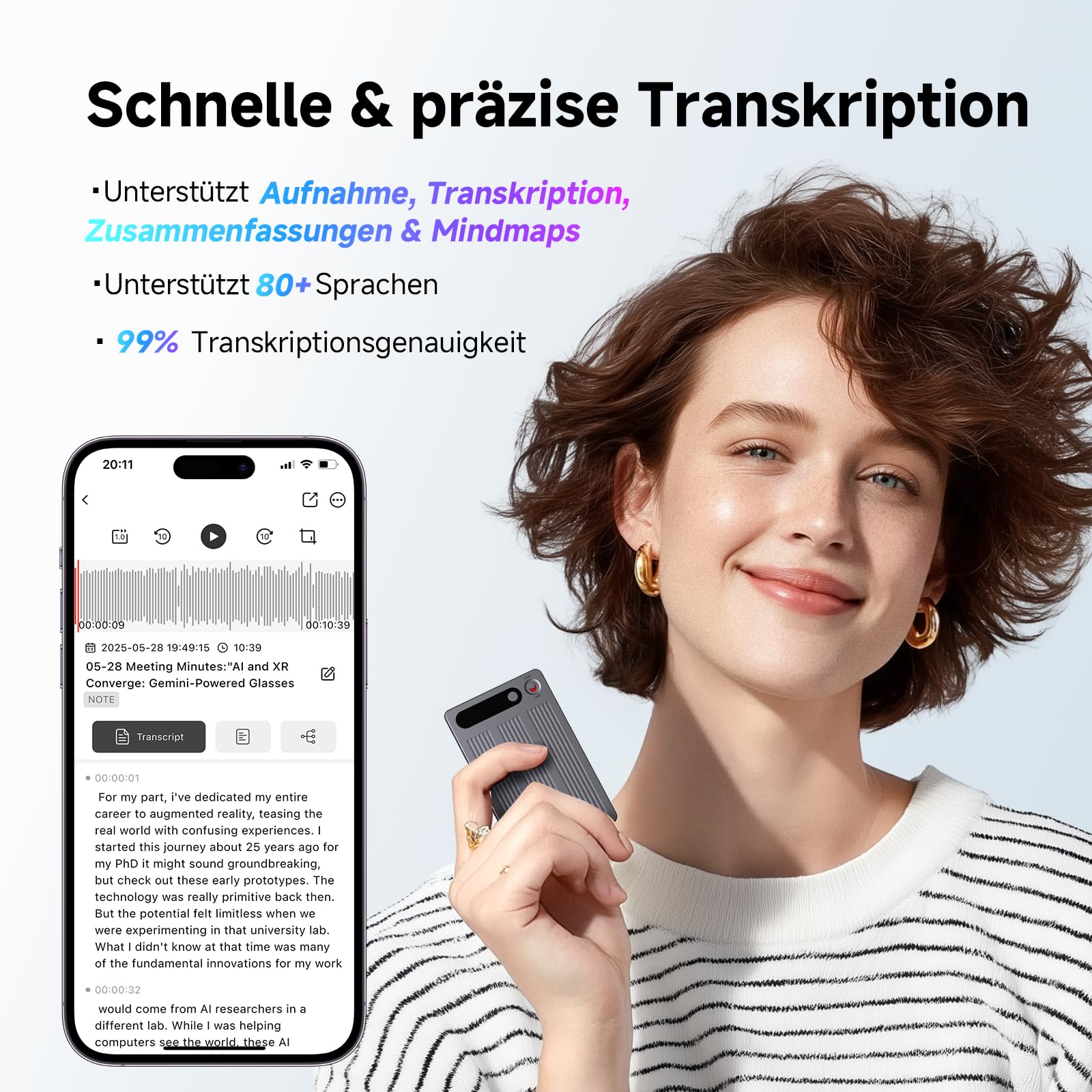 KI Digitales Diktiergerät mit Hülle, Transkribieren und Zusammenfassen, App-Steuerung, One-Touch-Aufnahme, Unterstützt 80+ Sprachen Übersetzung, 64 GB Speicher, Für Telefonate, Besprechungen