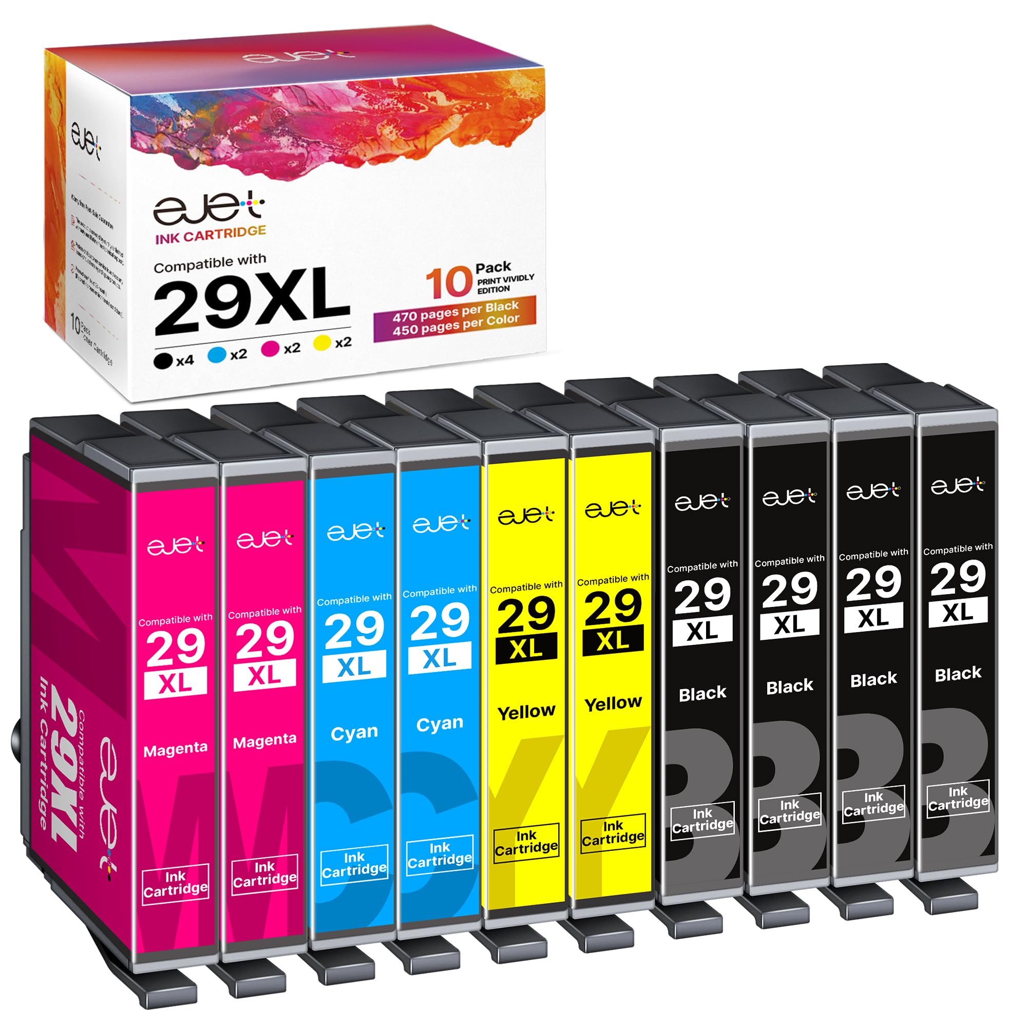 ejet 29XL Ink Cartridge Compatible for Epson 29 XL Ink for Expression Home XP-342 XP-335 XP-235 XP-442 XP-352 XP-247 XP-255 XP-332 XP-345 XP-432 XP-435 (Black Cyan Magenta Yellow,10 Pack)