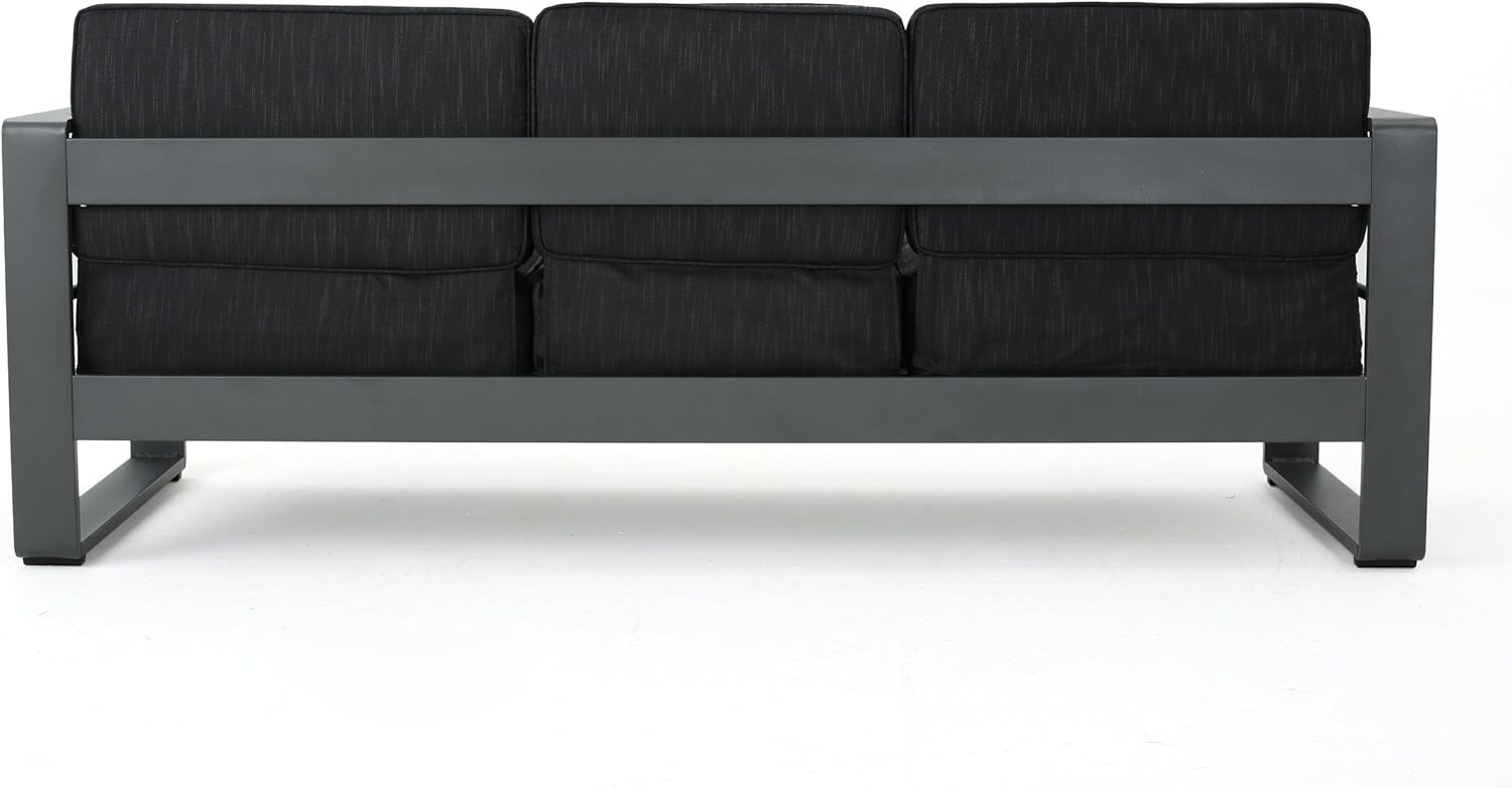 Christopher Knight Home Capecora 3-Seater Sofa with Removable Tray Table, 76.25''W Convertible Aluminum Patio Couch with Cushions, Space-Saving Outdoor Seating for Garden Backyard Balcony, Dark Gray