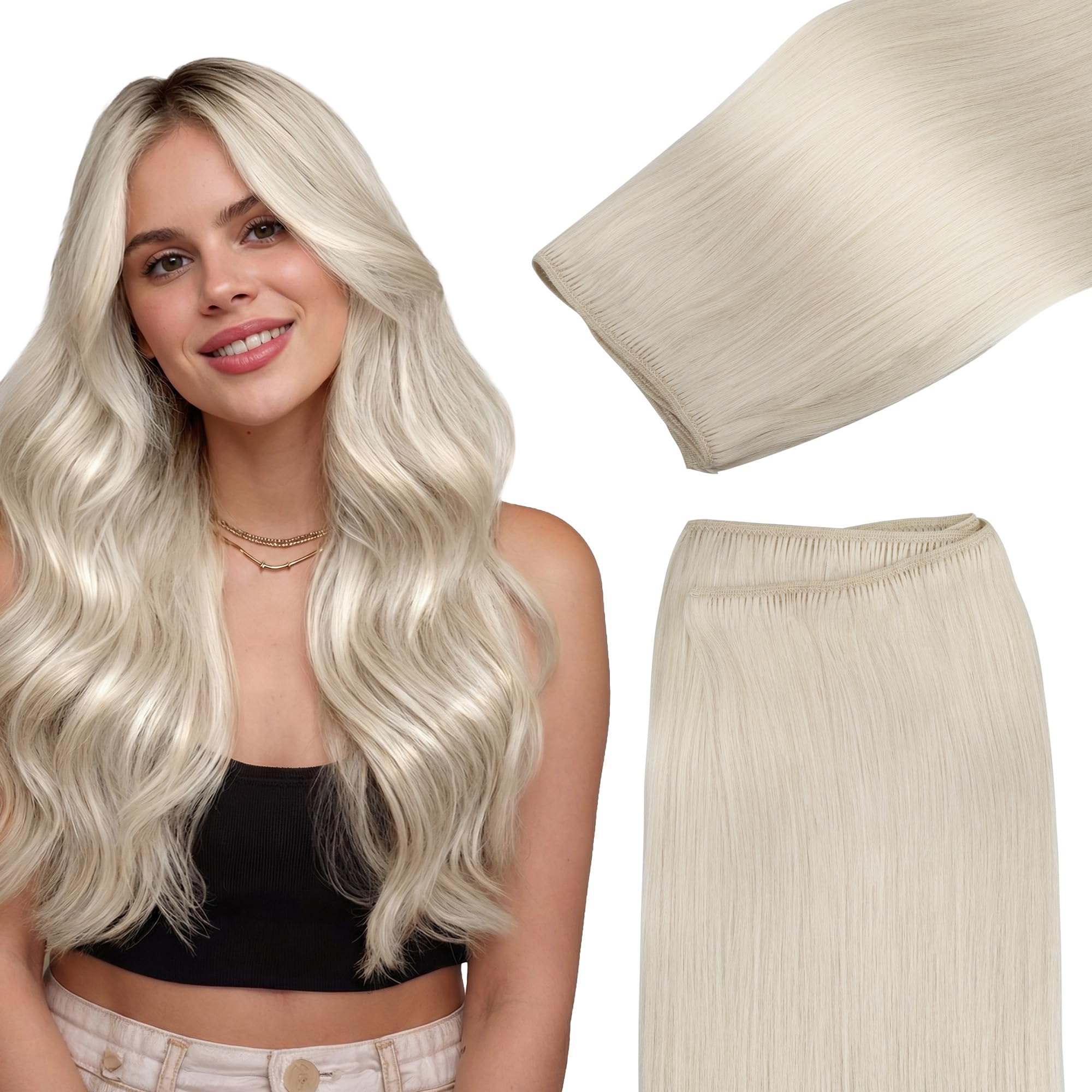 GOO GOO Sew in Hair Extensions Real Human Hair, Weft Hair Extensions Human Hair, 60A Platinum Blonde 14inch 80g, Weft Bundles Straight Silky Remy Hair