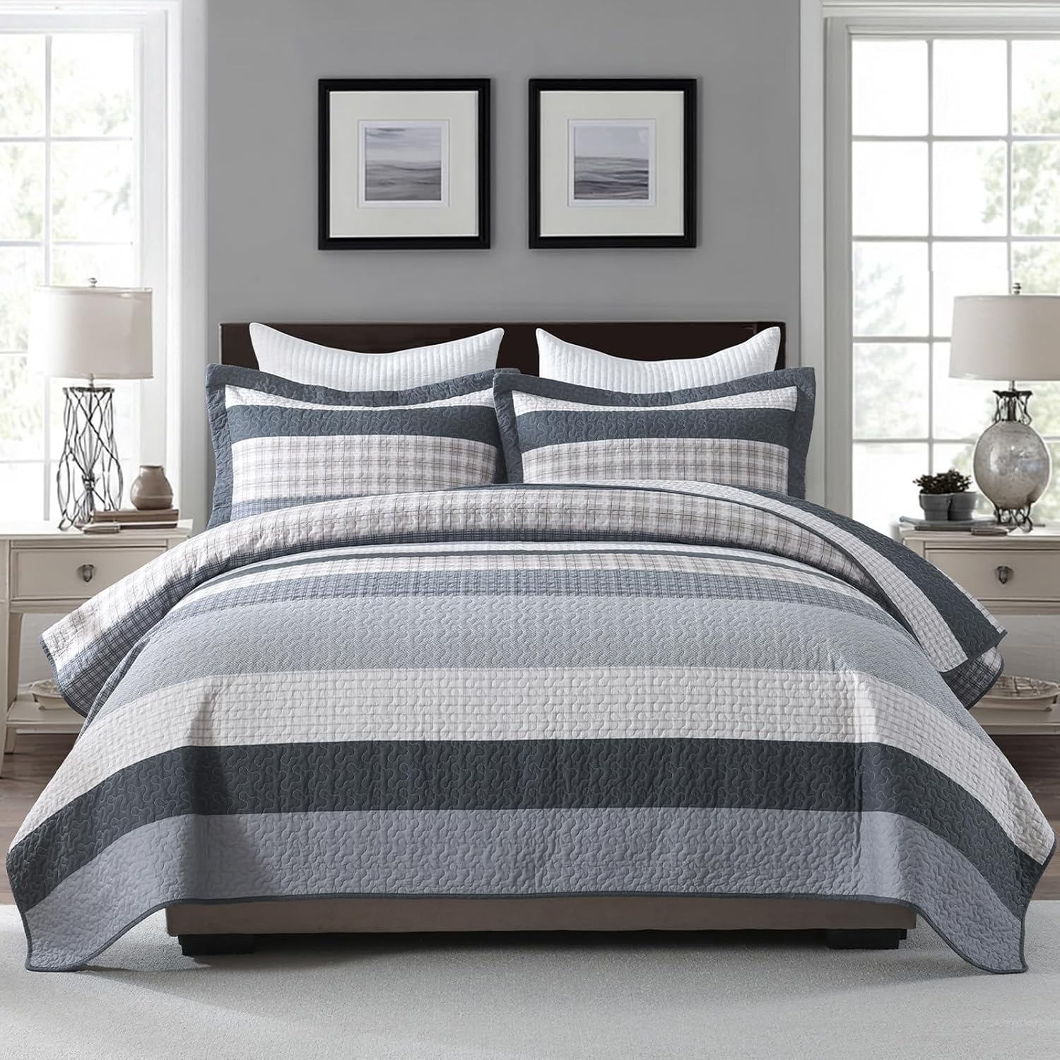 SahSahCasa Quilt Set King Size, 100% Cotton, King Comforter Set, Striped Quilted Bedspreads, Farmhouse King Bedding Set, Lightweight Bed Spread for All Season, Gray/Beige, 3pcs - Image 8