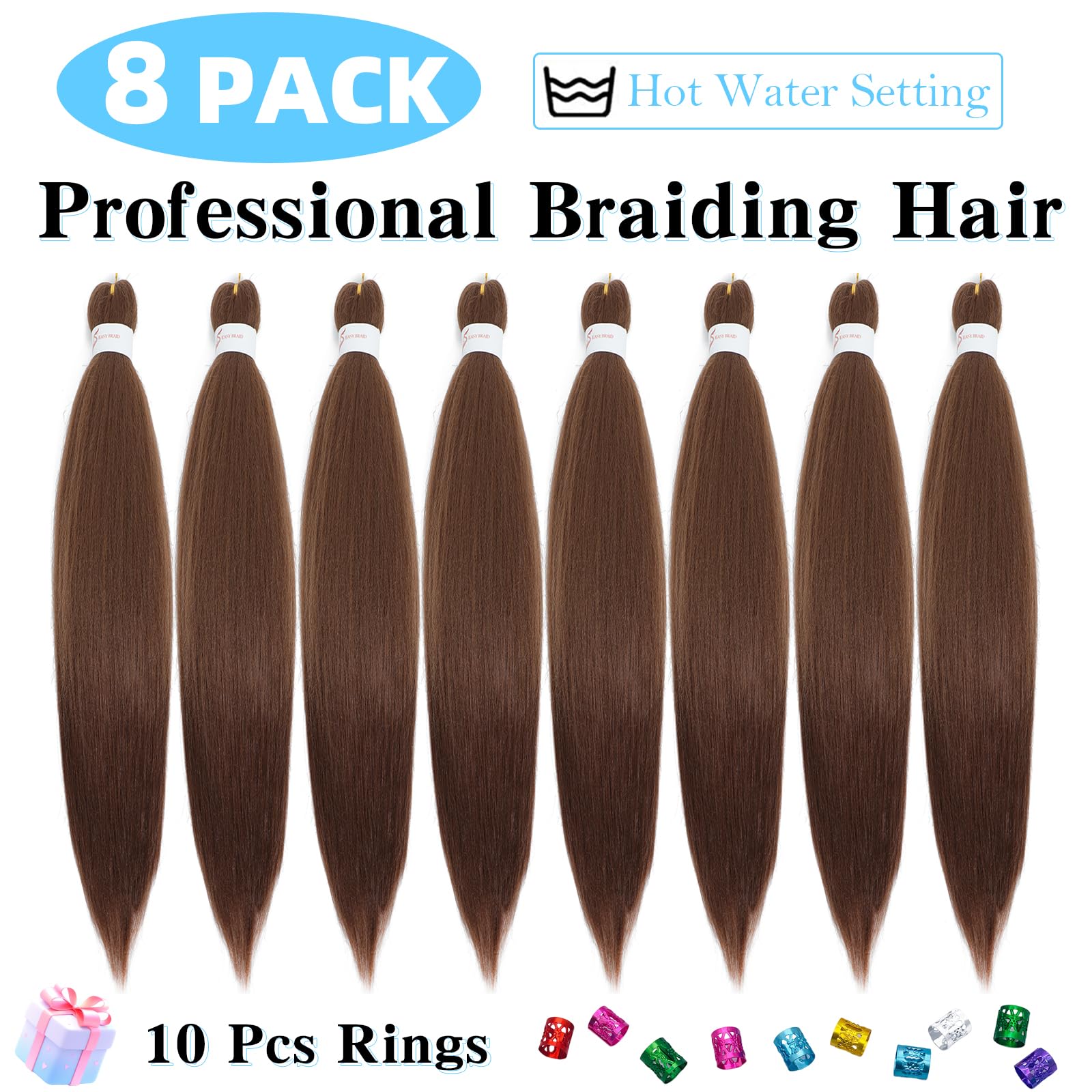 Pelo trenzado preestirado de 76 cm, paquete de 8 extensiones de cabello trenzado, sin picazón, textura Yaki suave, ajuste de agua caliente, trenzas sintéticas de ganchillo para mujeres y niñas (76 cm