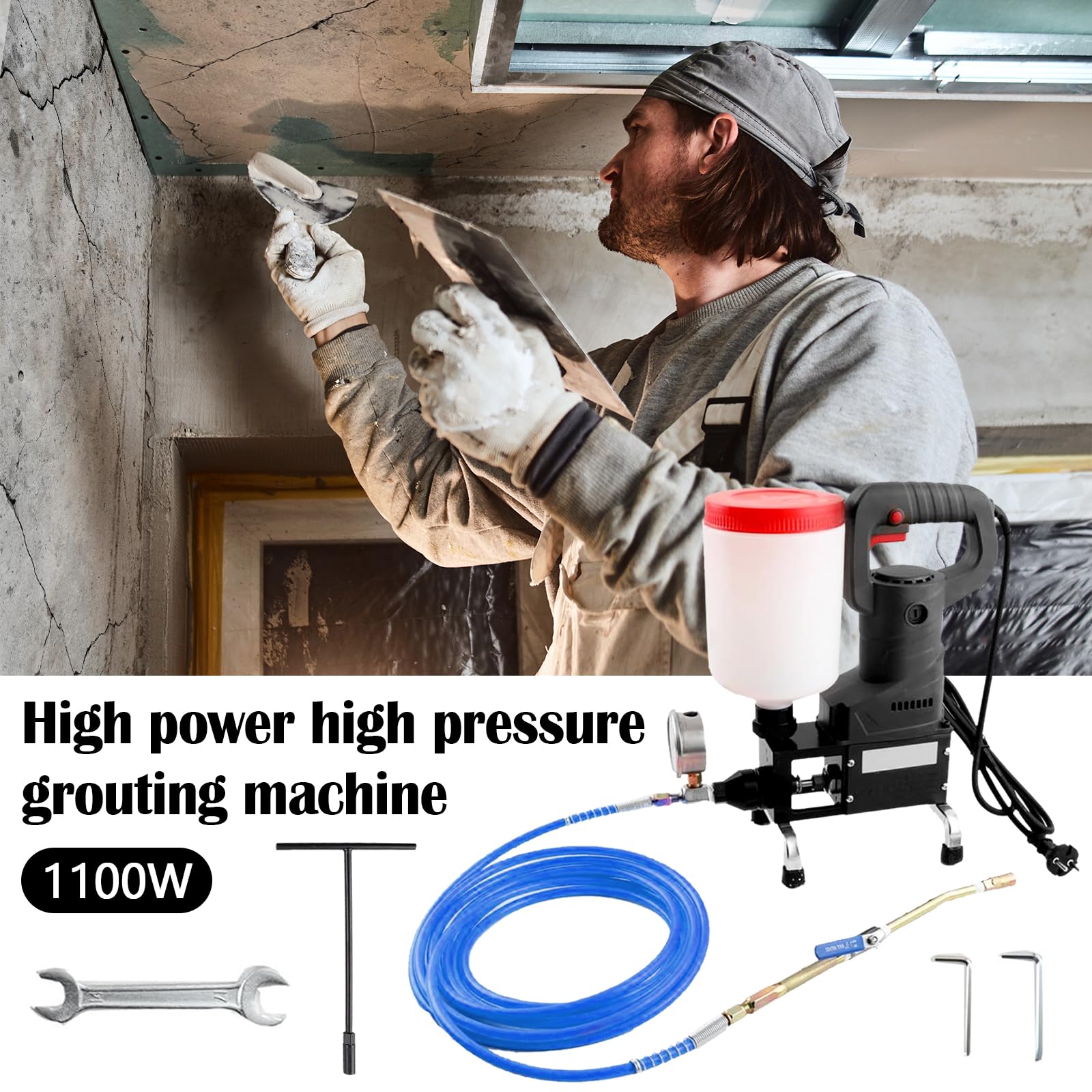Máquina Inyección Alta Presión, 1100W 2L Máquina Juntas Piso Bomba Inyección Alta Presión Perfusión Por Inyección Con Manómetro Utiliza Para Reparar Casas Edificios Alcantarillas Y Grietas En El Piso
