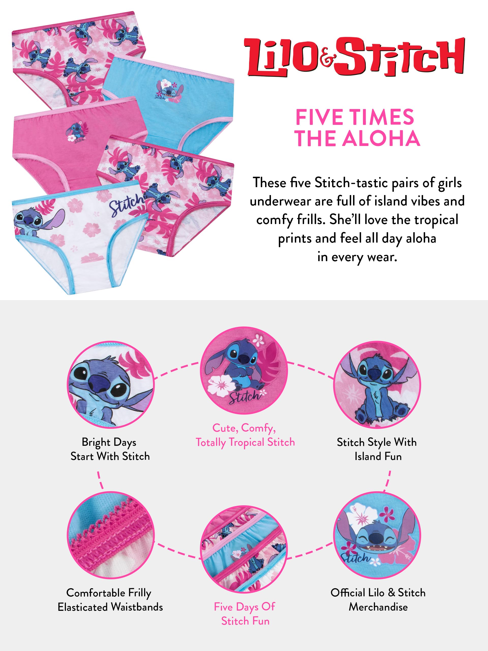 Disney Slip Bambina Stitch, Culotte Bambina Confezione da 5, Slip Ragazza Lilo E Stitch