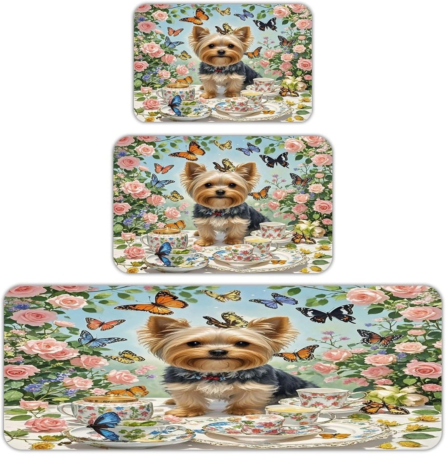 Yorkshire Terrier Tea Party Butterflies Roses Kitchen Mats for Floor 3PCS Waterproof Low-Profile Kitchen Rugs Floor Mat Non Slip Anti Fatigue Mats Comfort Standing Mat Runner Rug Area Rug 6"x24"+20"x3