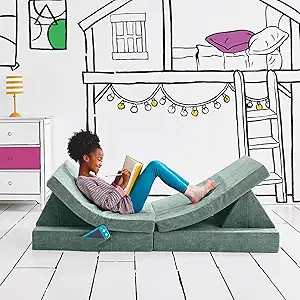 Yourigami Kids and Toddler Play Couch, Convertible Folding Sofa, Durable Foam Modular Design, Green Meadows