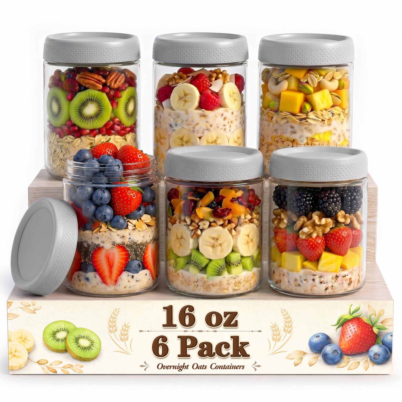 Mason Jars 16 oz with Lids, Yogurt Containers with Lids, Overnight Oats Jar