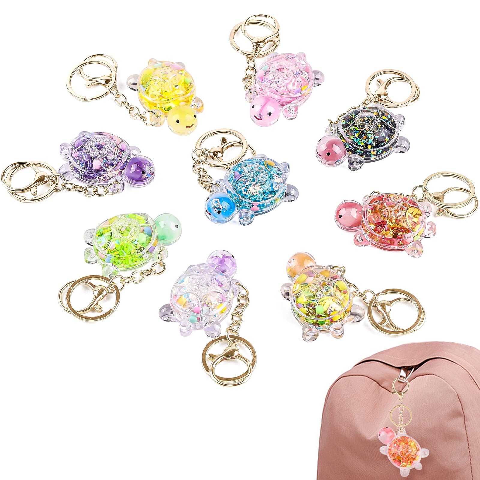 Anboor 9 Pcs Small Resin Turtles with Keychain Slow-Fall Glitter Calming Stress Relief Turtle Gifts For Teens Adults